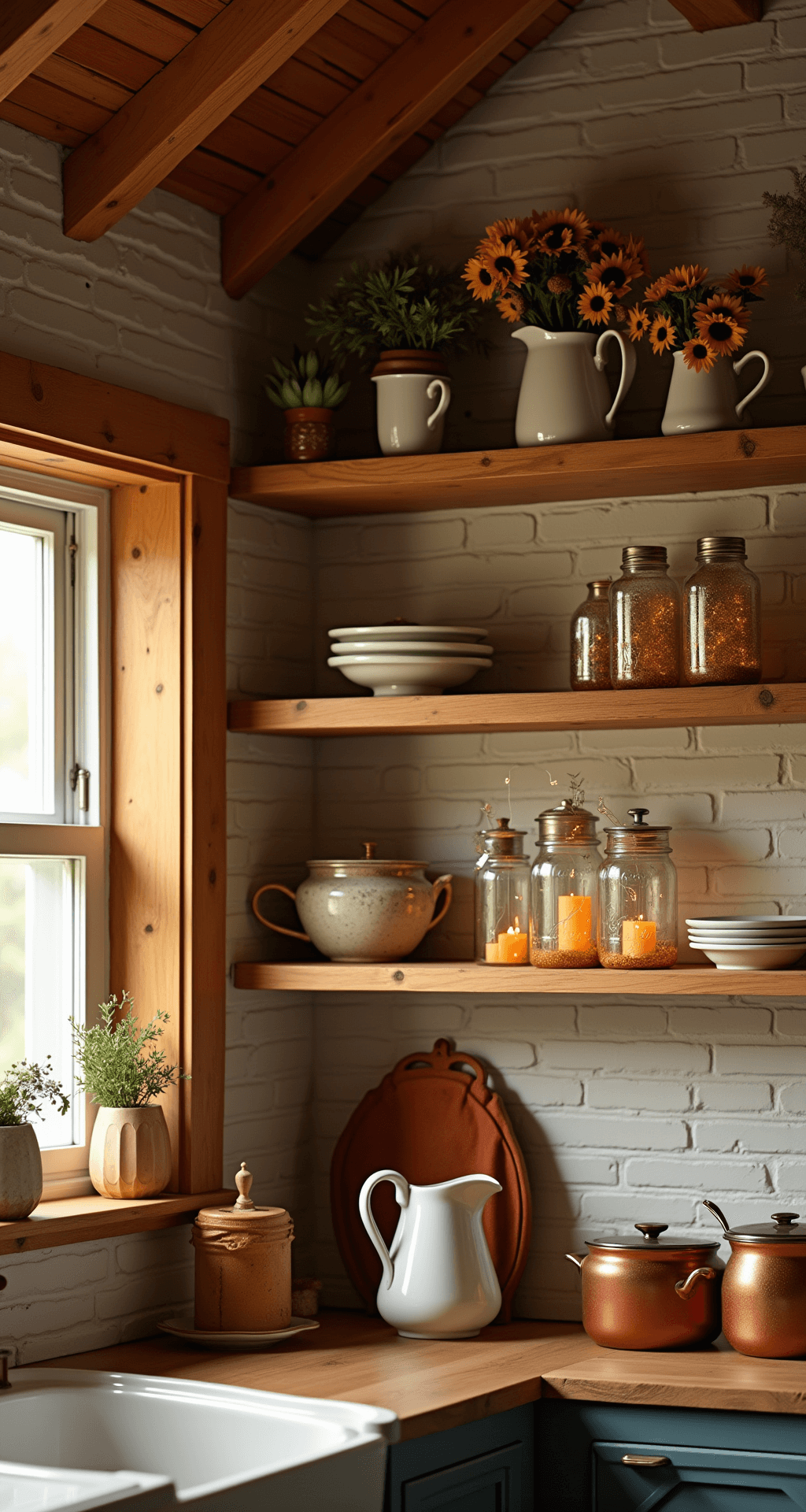 Cozy Fall Kitchen Decor: Transform Your Space with Autumn Warmth A cozy corner of a rustic country kitchen bathed in warm afternoon light, featuring open wooden shelves adorned with autumn wreaths, ceramic pitchers filled with dried sunflowers, vintage mason jars twinkling with fairy lights, and honey-colored wooden beams, complemented by a brick backsplash and copper pots reflecting soft candlelight, enhanced by burnt orange dish towels.