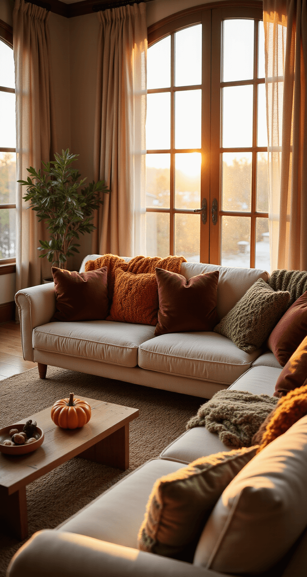 Creating a Cozy Fall Haven: Transform Your Home with Warmth and Comfort Wide-angle shot of a cozy and luxurious living room bathed in warm golden hour light, featuring a cream sectional sofa with chunky knit throws in burnt orange and olive green, accented by rich burgundy velvet pillows. A wool area rug anchors the space, while a wooden coffee table displays scattered acorns and mini pumpkins in ceramic bowls, creating a textured and inviting autumn atmosphere.