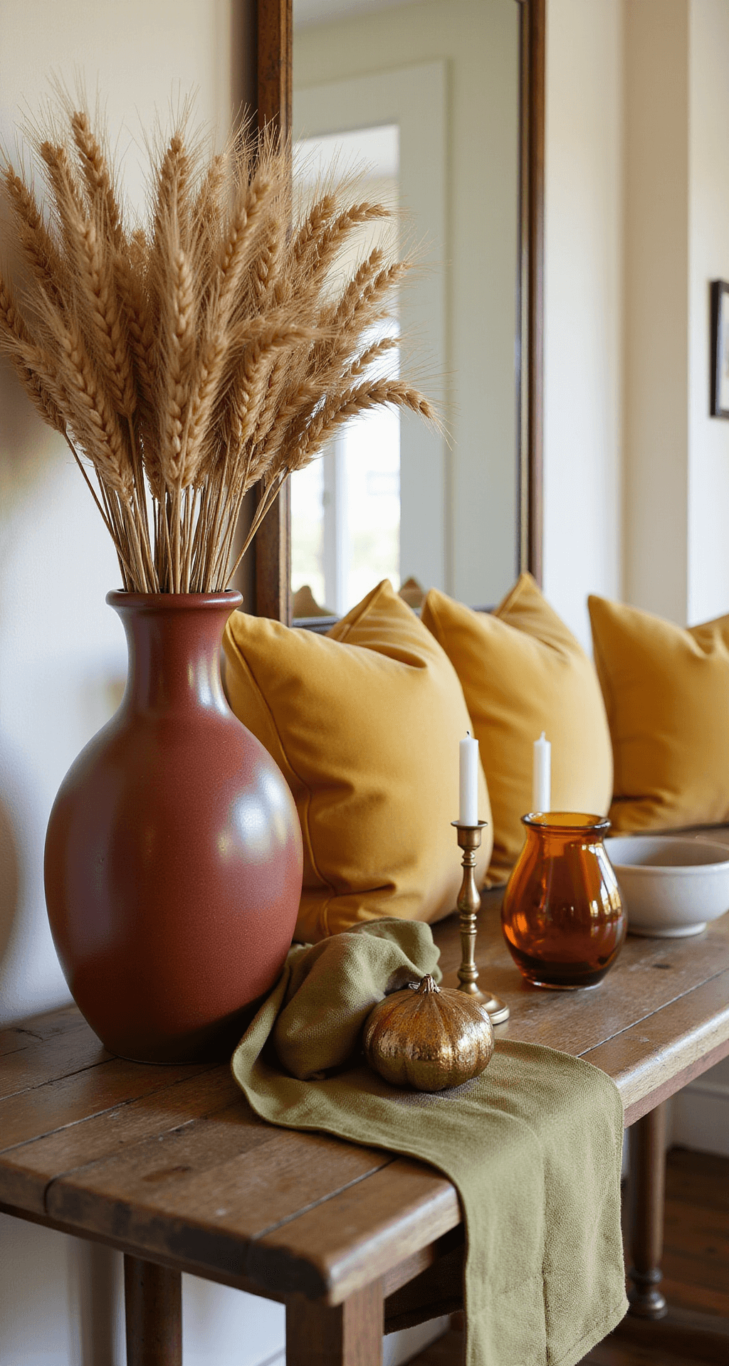 Creating a Cozy Fall Haven: Transform Your Home with Warmth and Comfort Close-up of a rustic wooden console table featuring a deep burnt red ceramic vase with dried wheat stalks, an olive green linen table runner, golden yellow accent pillows in the background, and warm cream walls. The scene is illuminated by natural morning light, highlighting the rich autumn colors and layered textures, including brass candlesticks and amber glass objects, creating a bright and airy atmosphere.