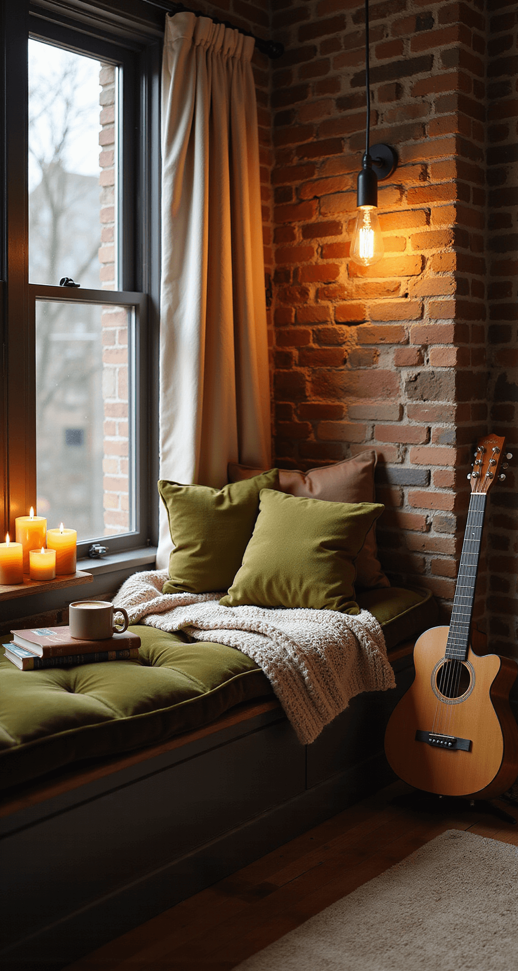Creating a Cozy Fall Haven: Transform Your Home with Warmth and Comfort A cozy reading nook featuring an olive velvet window seat with thick cushions, cream linen curtains, a side table with a steaming mug of apple cider and flickering candles, a chunky knit blanket, leather-bound books, and an acoustic guitar against an exposed brick wall, all illuminated by warm pendant lighting.