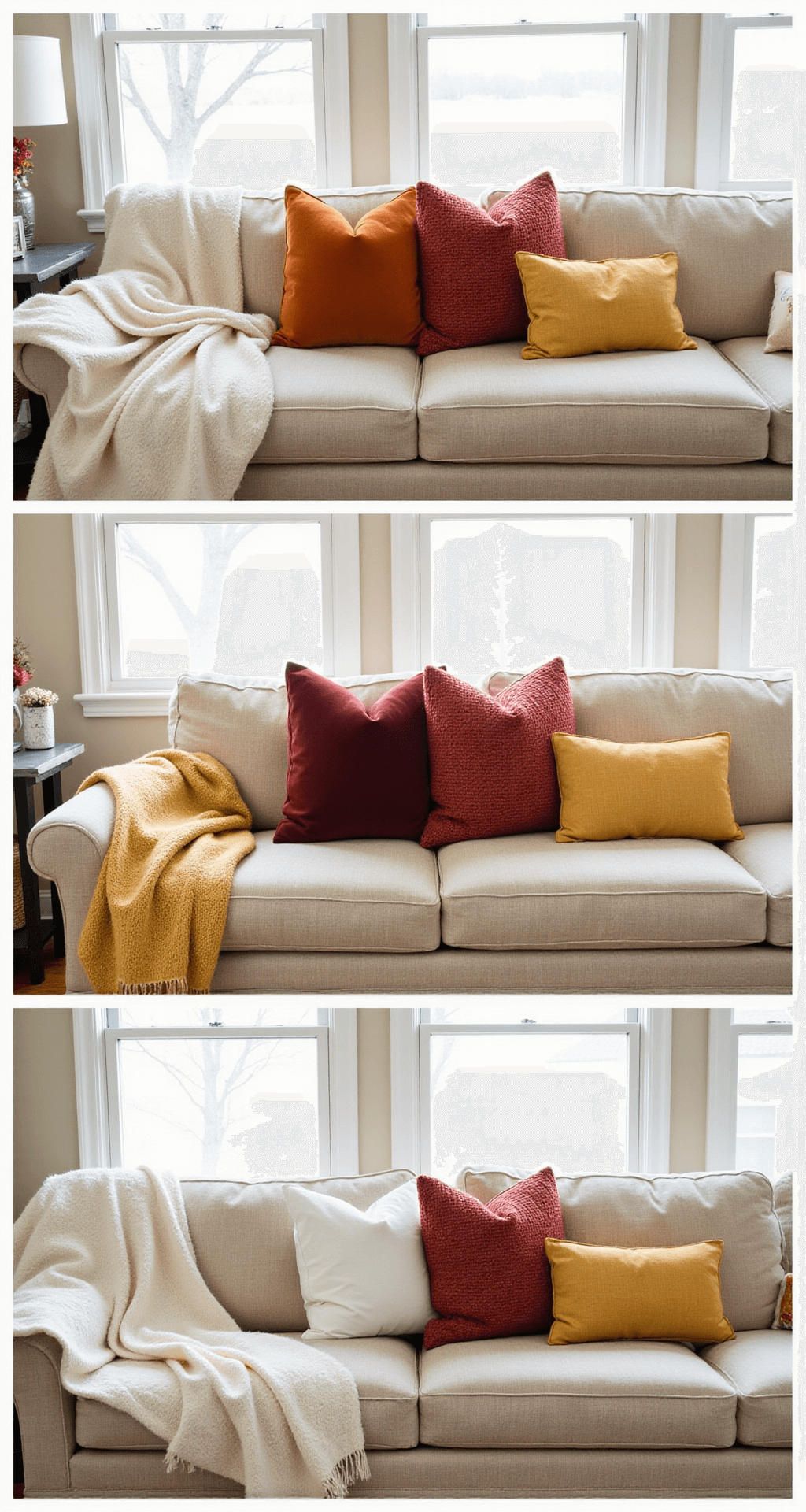 Creating a Cozy Fall Haven: Transform Your Home with Warmth and Comfort Before and after image showcasing a neutral beige sectional sofa transformed with swapped pillow covers in burnt orange velvet, deep red knit, and golden yellow linen, replacing summer white pillows. The arrangement features rearranged throws that enhance an autumn aesthetic, illuminated by soft natural light. The scene exemplifies easy seasonal updates with a relatable eye-level perspective.