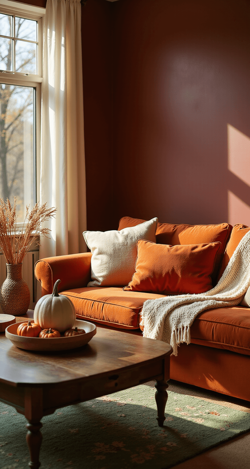 Autumn Living Room Decor: Transform Your Space with Cozy Warmth and Seasonal Charm Photorealistic autumn living room featuring a burnt orange velvet sofa with rust-colored throw pillows and a cream chunky knit blanket, bathed in golden afternoon light from tall windows. The rich burgundy accent wall complements a dark wood coffee table adorned with ceramic pumpkins and dried wheat in a woven basket, while a Persian rug in deep greens anchors the cozy, textured seating area. Shot from a low angle, creating an intimate sanctuary atmosphere.