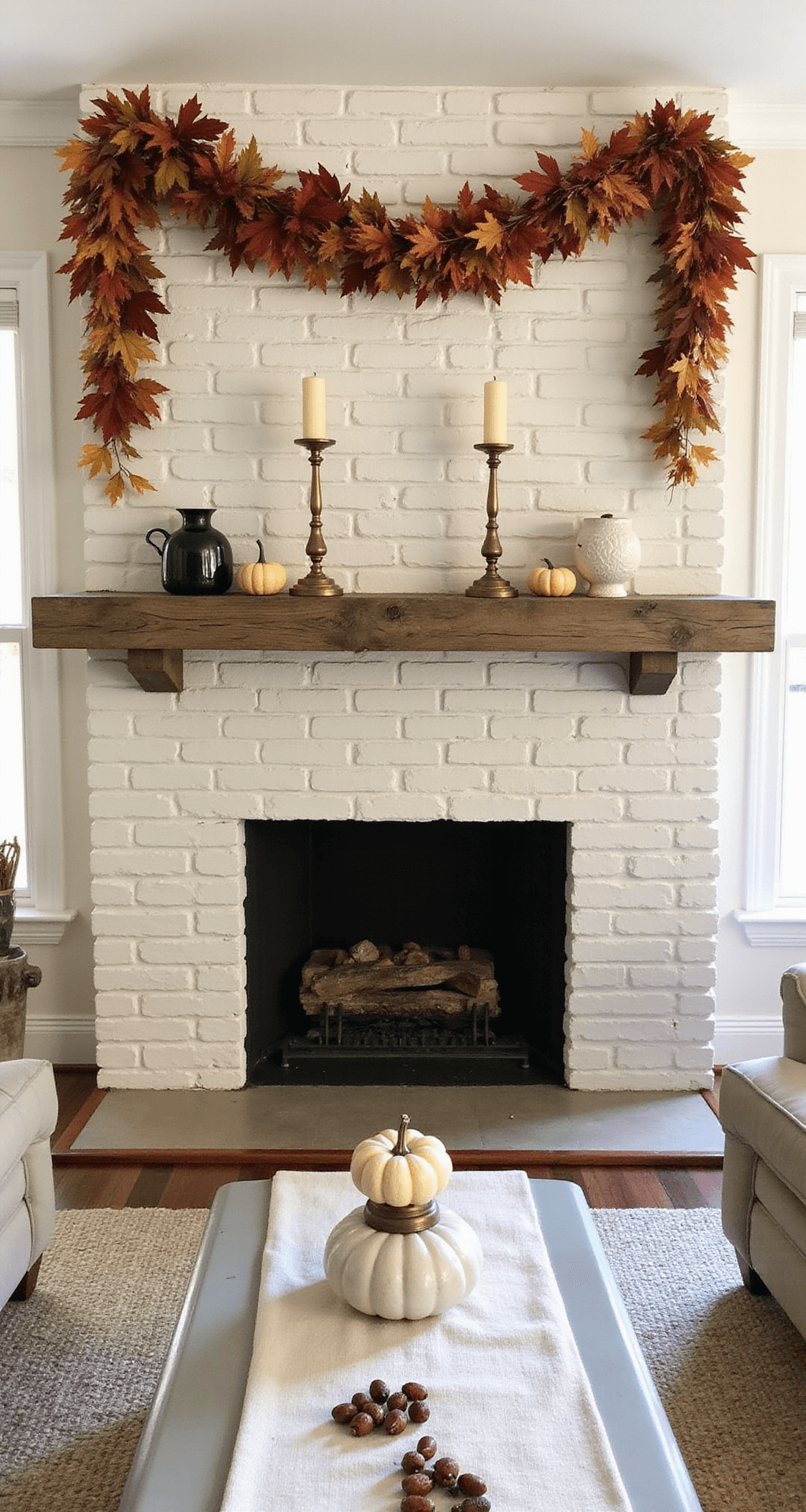 Autumn Living Room Decor: Transform Your Space with Cozy Warmth and Seasonal Charm An elegant fall mantel vignette featuring a weathered wood beam adorned with a cascading garland of rust, gold, and burgundy autumn leaves. Brass candlesticks with ivory candles, vintage ceramic vessels, and small textured pumpkins are arranged thoughtfully. Soft morning light filters through an adjacent window, casting gentle shadows against the cream brick fireplace backdrop. Below, a styled coffee table with a linen runner and scattered acorns completes the warm autumn aesthetic, captured in eye-level photography that emphasizes layered depths and sophisticated styling.
