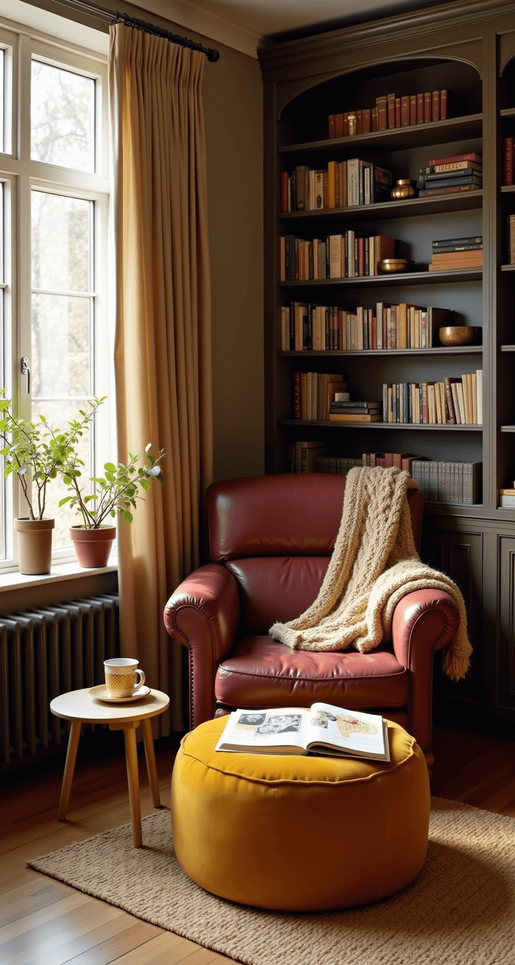 Autumn Living Room Decor: Transform Your Space with Cozy Warmth and Seasonal Charm Cozy reading nook featuring a burgundy leather armchair and mustard yellow velvet ottoman, surrounded by built-in bookshelves filled with books and plants, all illuminated by warm golden hour lighting filtering through sheer curtains.