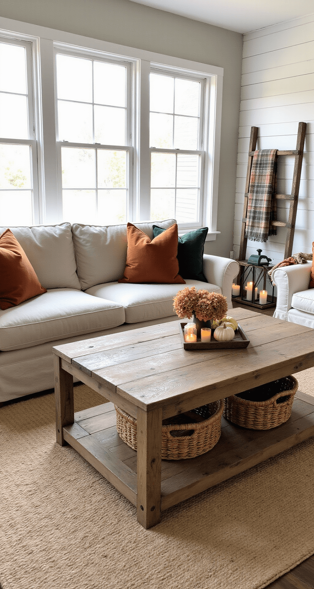 Autumn Living Room Decor: Transform Your Space with Cozy Warmth and Seasonal Charm A cozy modern farmhouse living room featuring a neutral linen sectional adorned with rust and green pillows, a reclaimed wood coffee table decorated with woven baskets and dried hydrangeas, a shiplap accent wall, and a vintage ladder with plaid throws, all illuminated by soft overcast morning light.