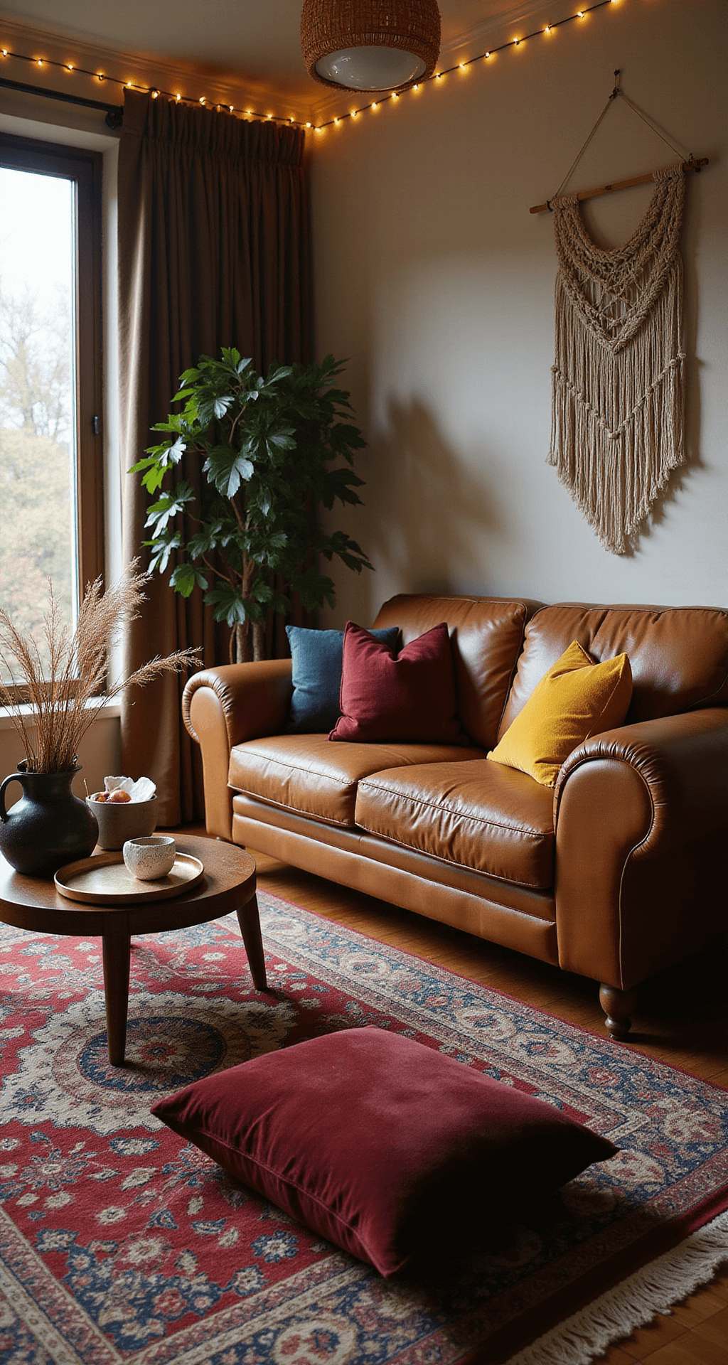 Autumn Living Room Decor: Transform Your Space with Cozy Warmth and Seasonal Charm Bohemian autumn living room featuring a low-profile cognac leather sofa, layered Persian rugs in jewel tones, a macrame wall hanging, and a potted fiddle leaf fig. The space includes velvet floor cushions in burgundy and mustard, a dark wood coffee table with a brass tray, and dried pampas grass in a ceramic vase. Warm pendant lighting and string lights create an ambient glow, captured from an elevated angle to emphasize the cozy, eclectic textures.