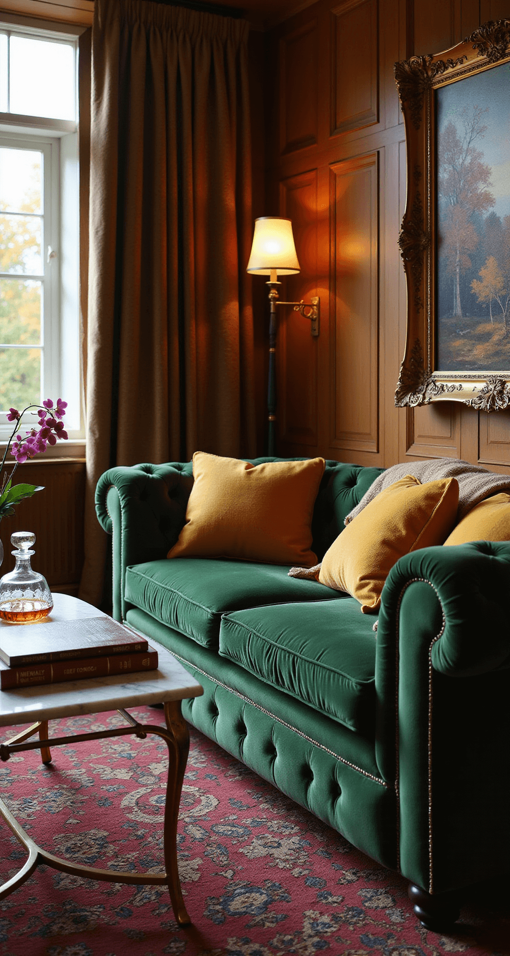 Autumn Living Room Decor: Transform Your Space with Cozy Warmth and Seasonal Charm Luxurious autumn living room featuring a deep green velvet Chesterfield sofa with gold accent pillows, a camel cashmere throw, and a marble coffee table styled with leather-bound books, a crystal decanter, and a small orchid, all set against rich wood paneling and a gilded-framed oil painting, with a Persian rug in burgundy and gold, warm sconce lighting, and late afternoon sun filtering through tall windows, captured from a low angle.