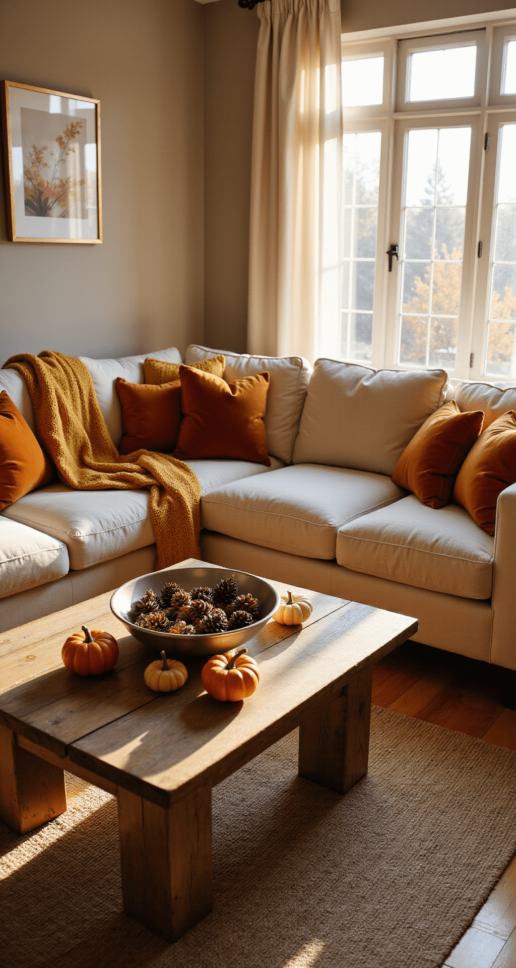 Simple Fall Decor: Transform Your Living Room with Cozy Autumn Vibes Medium shot of a cozy living room bathed in warm amber light during golden hour, featuring a cream sectional sofa with burnt orange pillows, a mustard knitted throw, a reclaimed wood coffee table with a ceramic bowl of pinecones and scattered artificial pumpkins, neutral beige walls, hardwood floors, and a jute area rug, all enhanced by soft shadows for an intimate atmosphere.