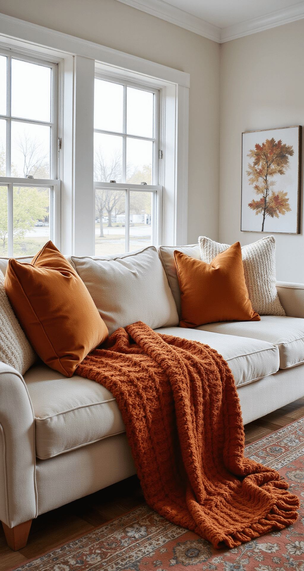 Simple Fall Decor: Transform Your Living Room with Cozy Autumn Vibes A spacious living room with a linen sofa featuring textured autumn pillows and a chunky knit blanket, set against white walls and large windows, all illuminated by late afternoon light. A Persian-style rug in warm terracotta anchors the area.