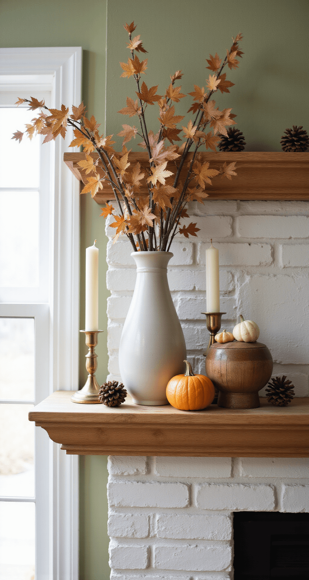 Simple Fall Decor: Transform Your Living Room with Cozy Autumn Vibes Close-up of a nature-inspired mantel styled with dried maple branches in a tall ceramic vase, assorted pinecones, mini gourds, and brass candlesticks with cream candles. The whitewashed brick fireplace contrasts with the warm honey oak mantel against a sage green wall, featuring an autumn color palette and organic textures.