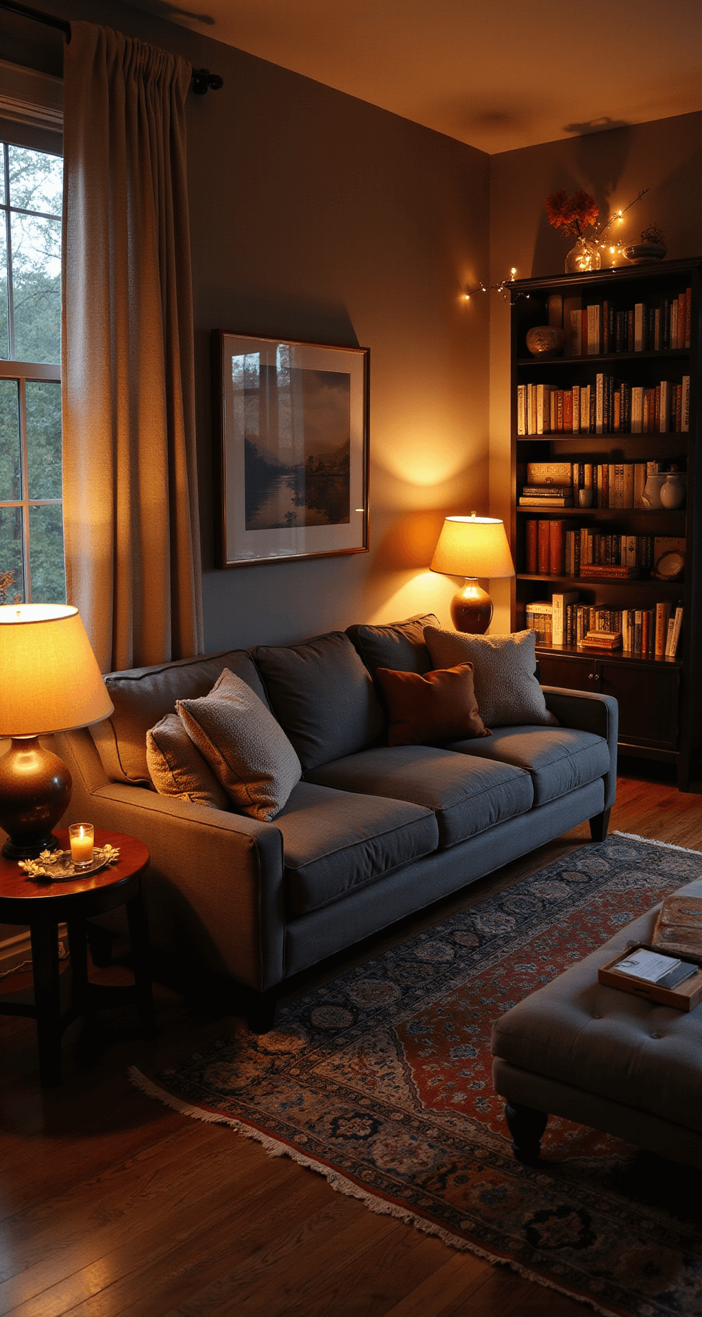 Simple Fall Decor: Transform Your Living Room with Cozy Autumn Vibes Cozy contemporary living room at sunset with layered warm lighting, featuring a charcoal gray sofa adorned with autumn-hued throw pillows, glowing table lamps, flickering candles, and fairy lights on a bookshelf, all set on a rich jewel-toned Persian rug and dark hardwood floors.