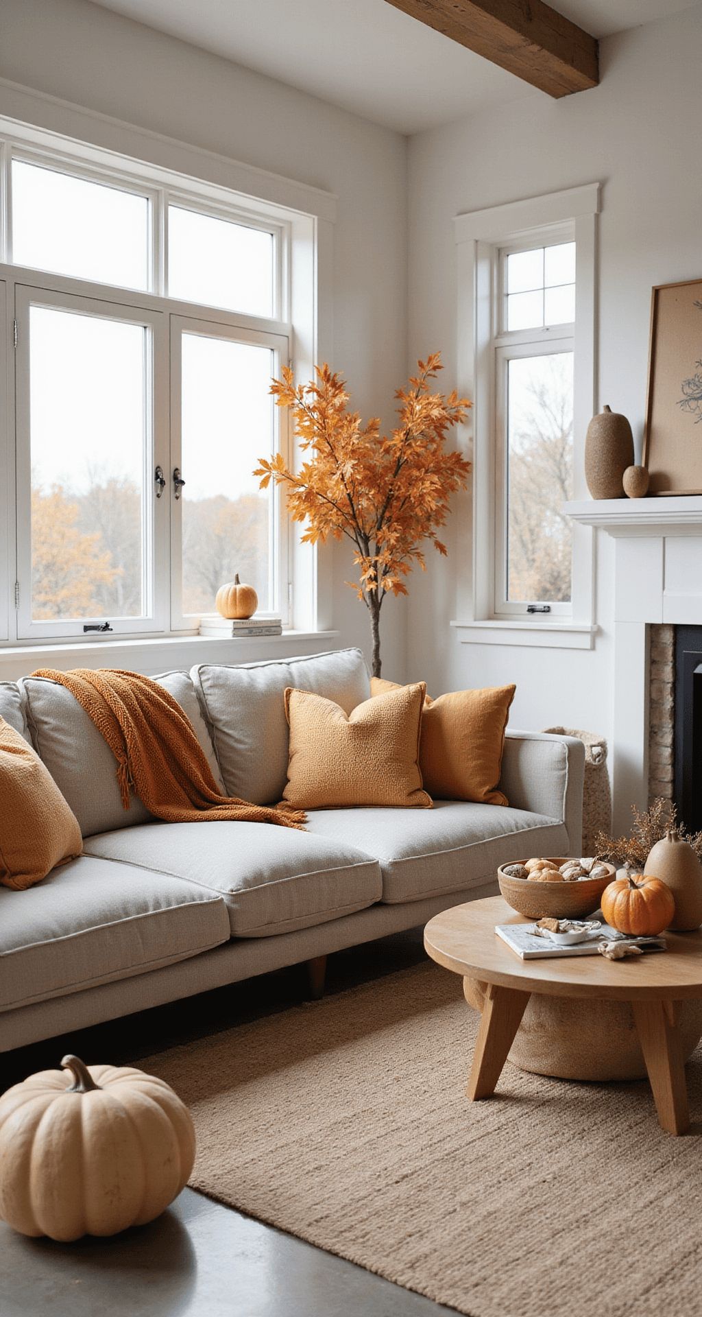 Simple Fall Decor: Transform Your Living Room with Cozy Autumn Vibes A beautifully decorated fall living room featuring a sectional sofa adorned with autumn-themed pillows, a single textured throw, and minimal natural accents. The space boasts clean lines and thoughtful spacing, with warm white walls and polished concrete floors illuminated by golden hour light streaming through large windows.