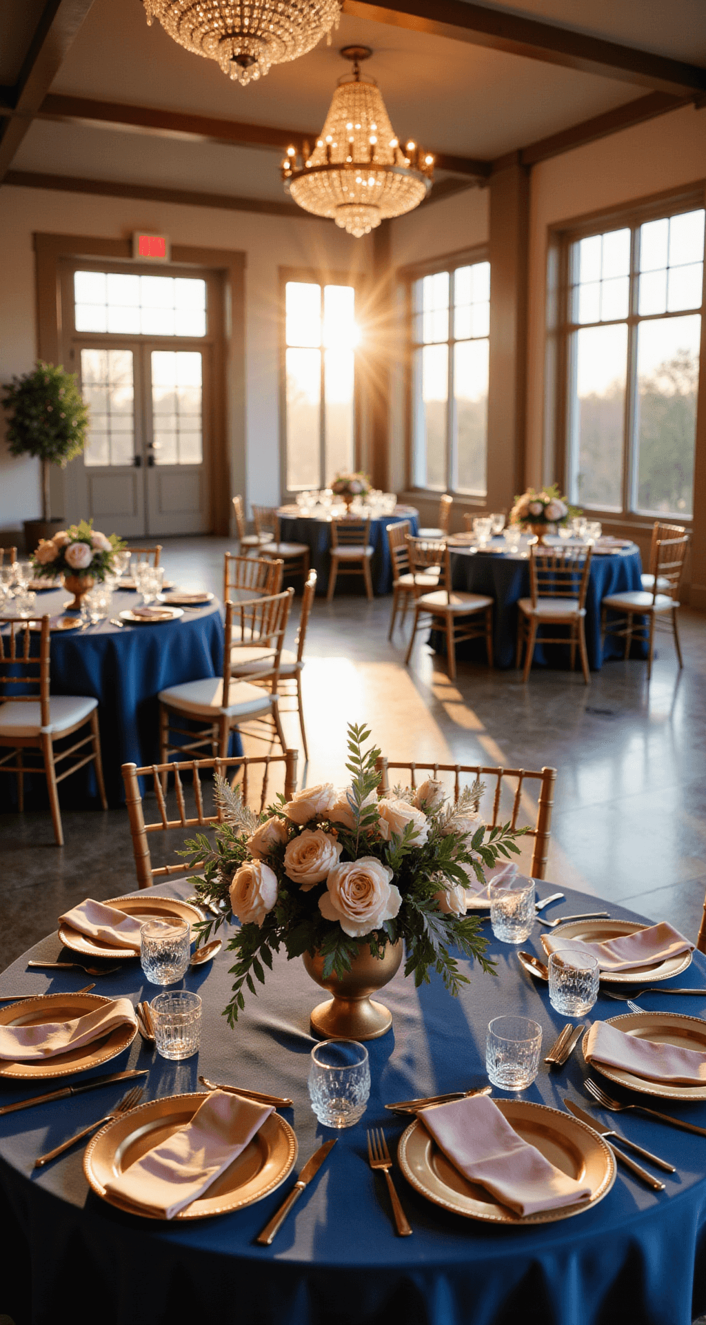 Navy Blue and Dusty Rose Wedding: A Timeless Love Story in Color Wide-angle view of an elegant ballroom reception with round tables dressed in navy blue silk tablecloths and dusty rose napkins, illuminated by golden hour light filtering through tall windows, casting warm shadows on polished marble floors. Centerpieces of blush peonies and dusty pink roses in gold vessels adorn the tables, complemented by rose gold charger plates under glimmering crystal chandeliers, creating a romantic and intimate atmosphere.