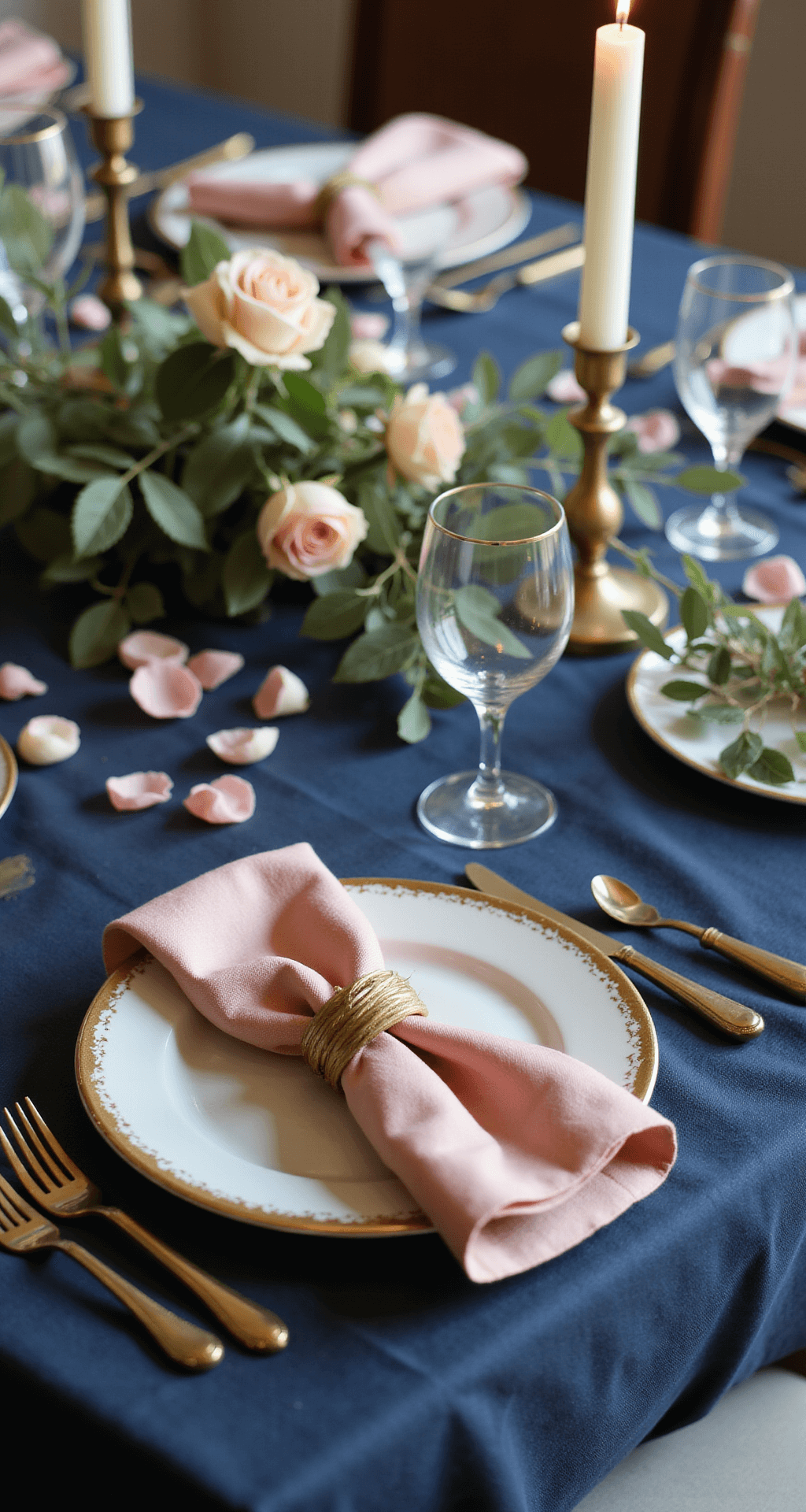 Navy Blue and Dusty Rose Wedding: A Timeless Love Story in Color Close-up of a beautifully styled tabletop featuring navy blue linen and dusty rose silk napkins, gold-rimmed glassware reflecting candlelight, ivory pillar candles in brass holders, scattered blush rose petals, and eucalyptus sprigs, all illuminated by soft afternoon light creating gentle shadows.