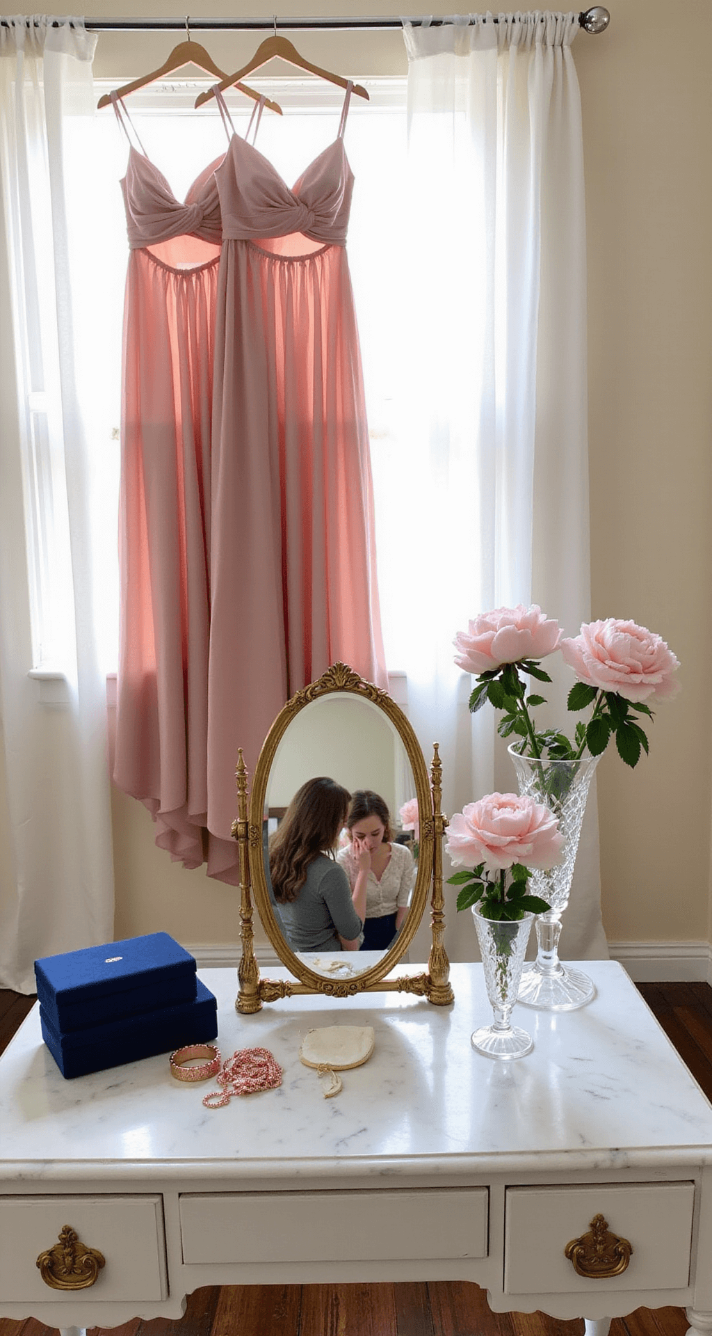 Navy Blue and Dusty Rose Wedding: A Timeless Love Story in Color Bridal preparation room showcasing dusty rose chiffon bridesmaid dresses against cream walls, illuminated by natural morning light. A vintage vanity with a gold-framed mirror sits nearby, with navy blue jewelry boxes and rose gold accessories on a white marble surface. Soft pink peonies in crystal vases enhance the dreamy atmosphere.