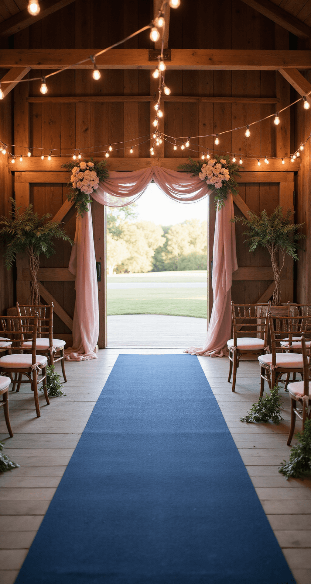 Navy Blue and Dusty Rose Wedding: A Timeless Love Story in Color A rustic barn wedding ceremony with a navy blue aisle runner leading to a wooden arch draped in dusty rose fabric, vintage wooden chairs with rose-colored cushions lining the aisle, and eucalyptus and blush rose arrangements; warm golden hour sunlight streams through barn doors, creating a romantic atmosphere enhanced by string lights.
