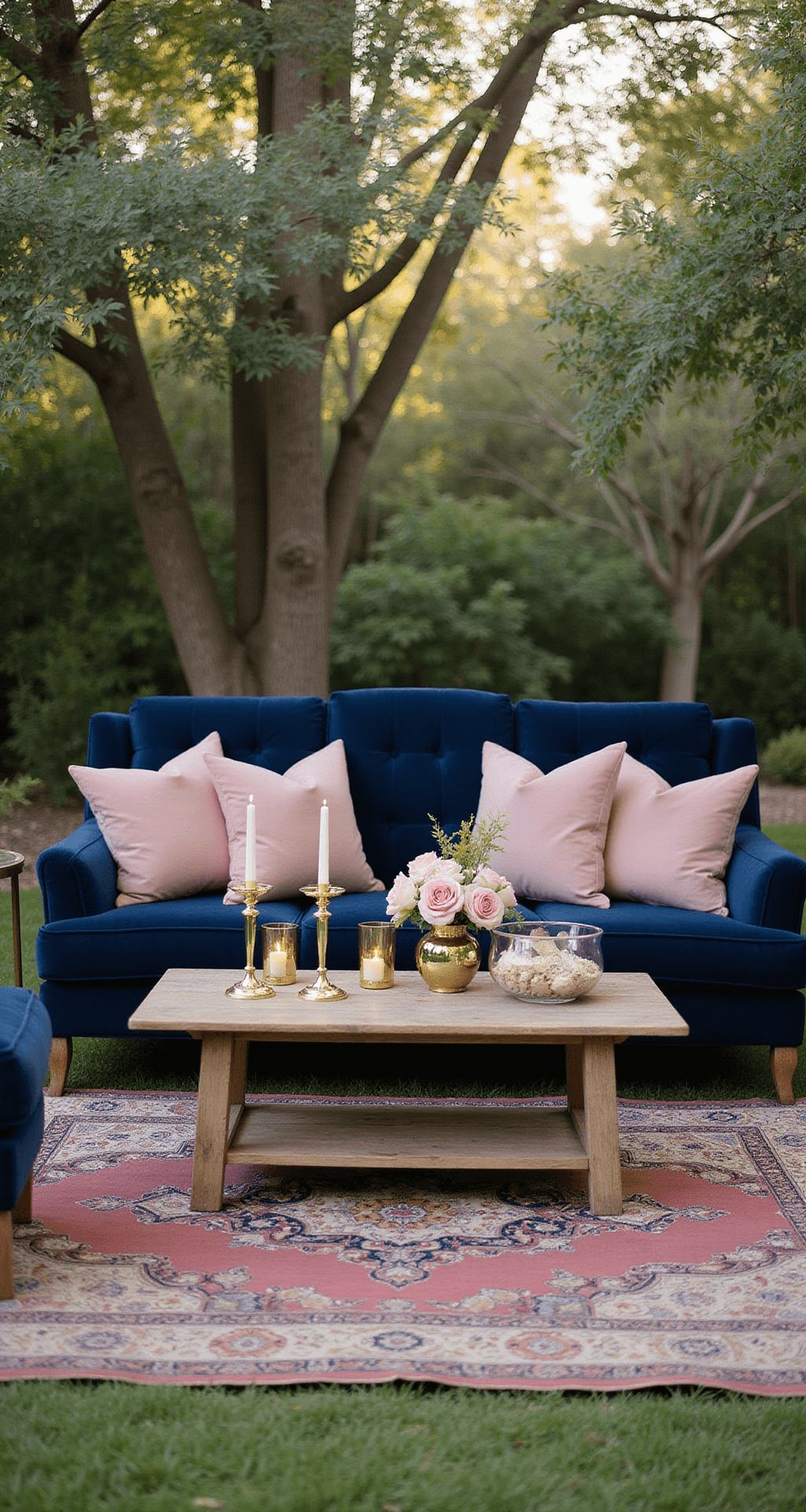 Navy Blue and Dusty Rose Wedding: A Timeless Love Story in Color An intimate garden wedding lounge area featuring navy velvet furniture with dusty rose throw pillows, surrounded by dappled afternoon sunlight filtering through trees, weathered wooden coffee tables, gold mercury glass votives, blush rose arrangements, and vintage Persian rugs, all designed for a cozy cocktail hour atmosphere.