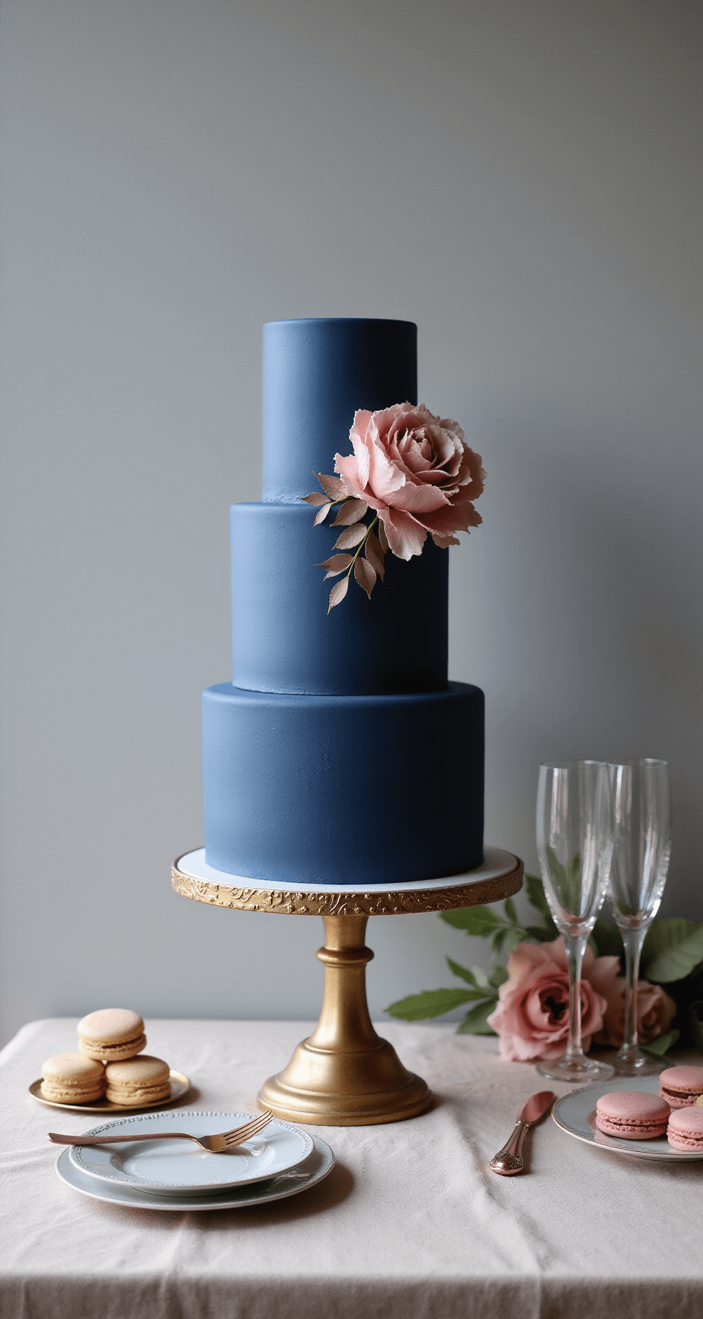 Navy Blue and Dusty Rose Wedding: A Timeless Love Story in Color Elegant three-tier wedding cake with navy blue fondant and dusty rose sugar flowers, displayed on an antique gold pedestal against a soft gray backdrop, surrounded by macarons and petit fours in matching colors, with ambient lighting highlighting its details.