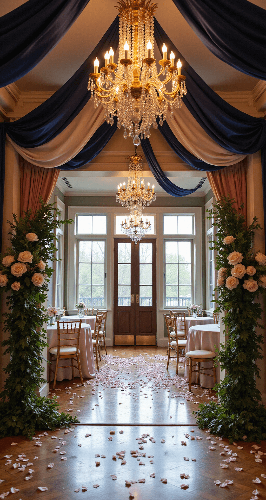 Navy Blue and Dusty Rose Wedding: A Timeless Love Story in Color Grand wedding reception entrance adorned with navy blue and dusty rose fabric draping, illuminated by crystal chandeliers over polished hardwood floors with rose petals, featuring gold signage, vintage furniture, and tall floral arrangements framing the doorway.