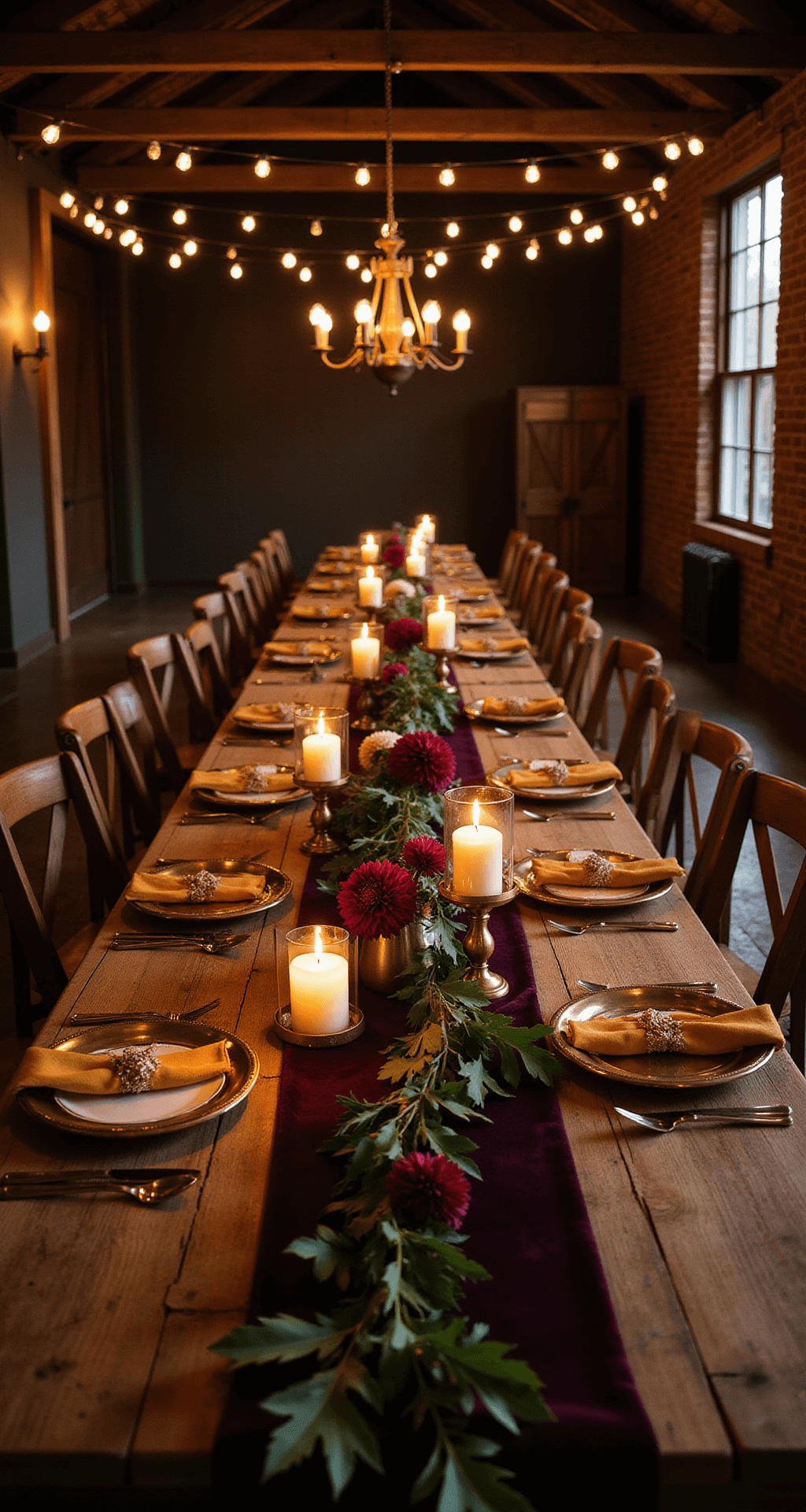 Moody Fall Wedding: A Dramatic and Romantic Styling Guide for the Perfect Autumn Celebration A rustic barn interior at golden hour, featuring a long wooden farm table adorned with a deep burgundy velvet runner, flickering pillar candles in brass holders, emerald eucalyptus garlands, and plum dahlias, all illuminated by warm amber light from vintage brass chargers and mustard yellow linen napkins, beneath exposed wooden beams and string lights creating a romantic atmosphere.