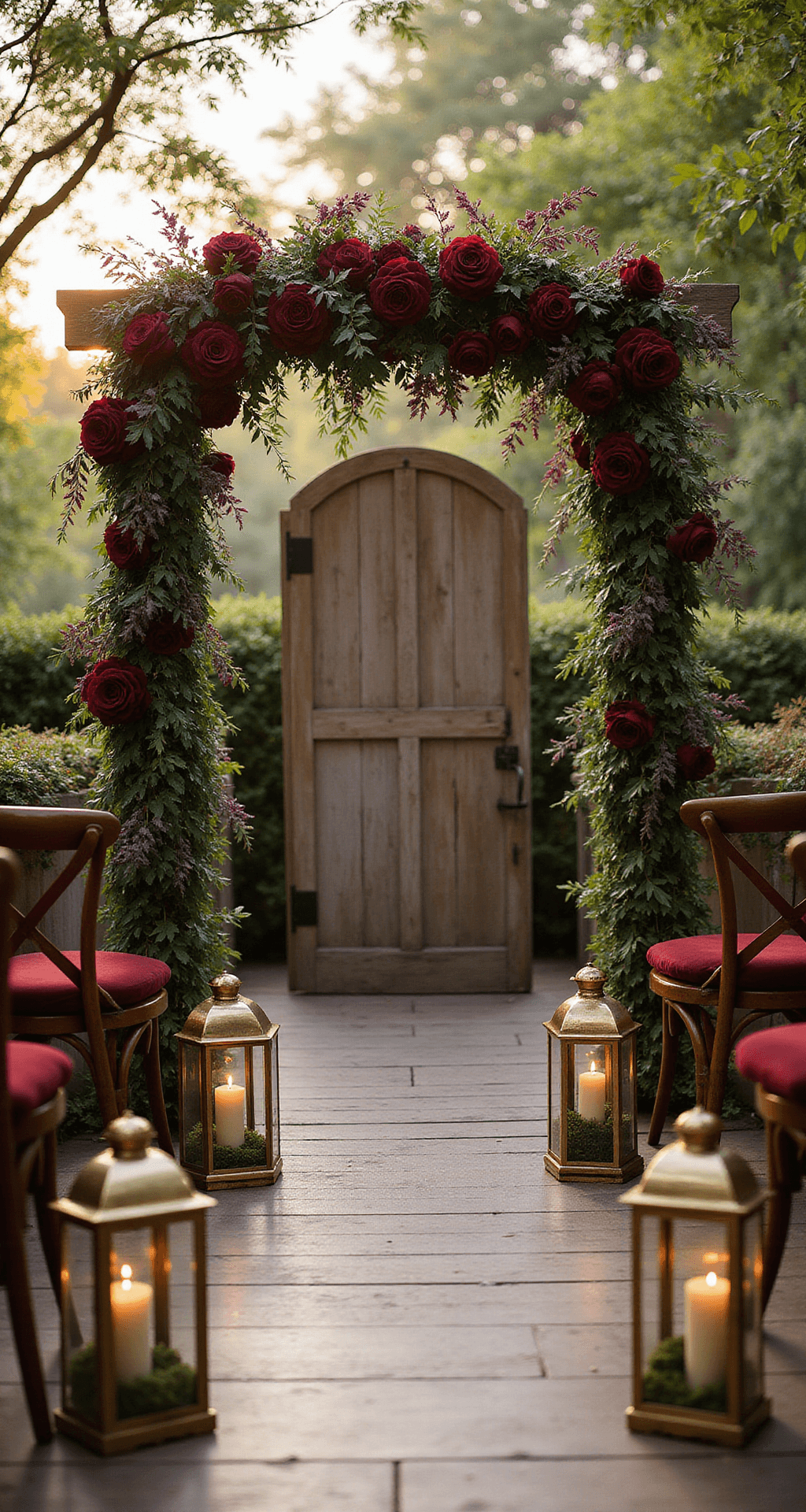 Moody Fall Wedding: A Dramatic and Romantic Styling Guide for the Perfect Autumn Celebration Intimate garden wedding ceremony setup with a floral arch of burgundy roses and purple clematis, vintage wooden chairs, and brass lanterns. Golden hour sunlight creates dappled shadows, with a weathered wooden backdrop and hanging glass terrariums. Rich wine, green, and gold color palette enhances the romantic atmosphere.