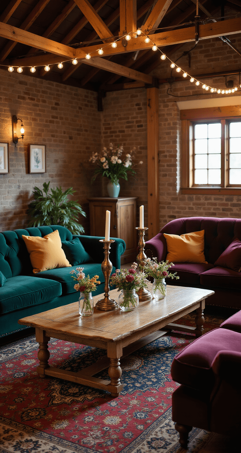 Moody Fall Wedding: A Dramatic and Romantic Styling Guide for the Perfect Autumn Celebration Luxurious rustic wedding lounge area in a barn featuring vintage velvet sofas, reclaimed wood coffee table with brass candelabras, layered Persian rugs, and mason jar centerpieces, illuminated by warm string lights and evening lighting for an intimate atmosphere.