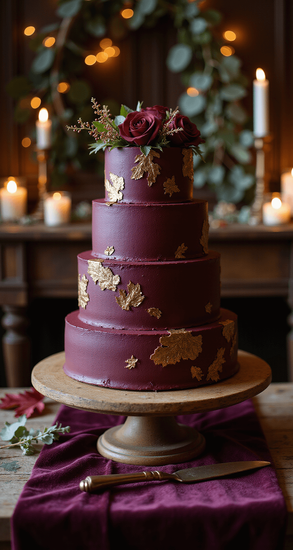 Moody Fall Wedding: A Dramatic and Romantic Styling Guide for the Perfect Autumn Celebration Close-up angled shot of a dramatic three-tier wedding cake adorned with deep burgundy buttercream and gold leaf, displayed on a vintage wooden pedestal. The surrounding tablescape features a plum velvet runner, a brass cake knife, scattered autumn leaves, and pillar candles of varying heights, all illuminated by soft candlelight creating a warm bokeh. Organic elements like eucalyptus sprigs and seasonal berries complement the rich textures of the cake, with golden metallic accents reflecting flickering light in a moody, romantic atmosphere.