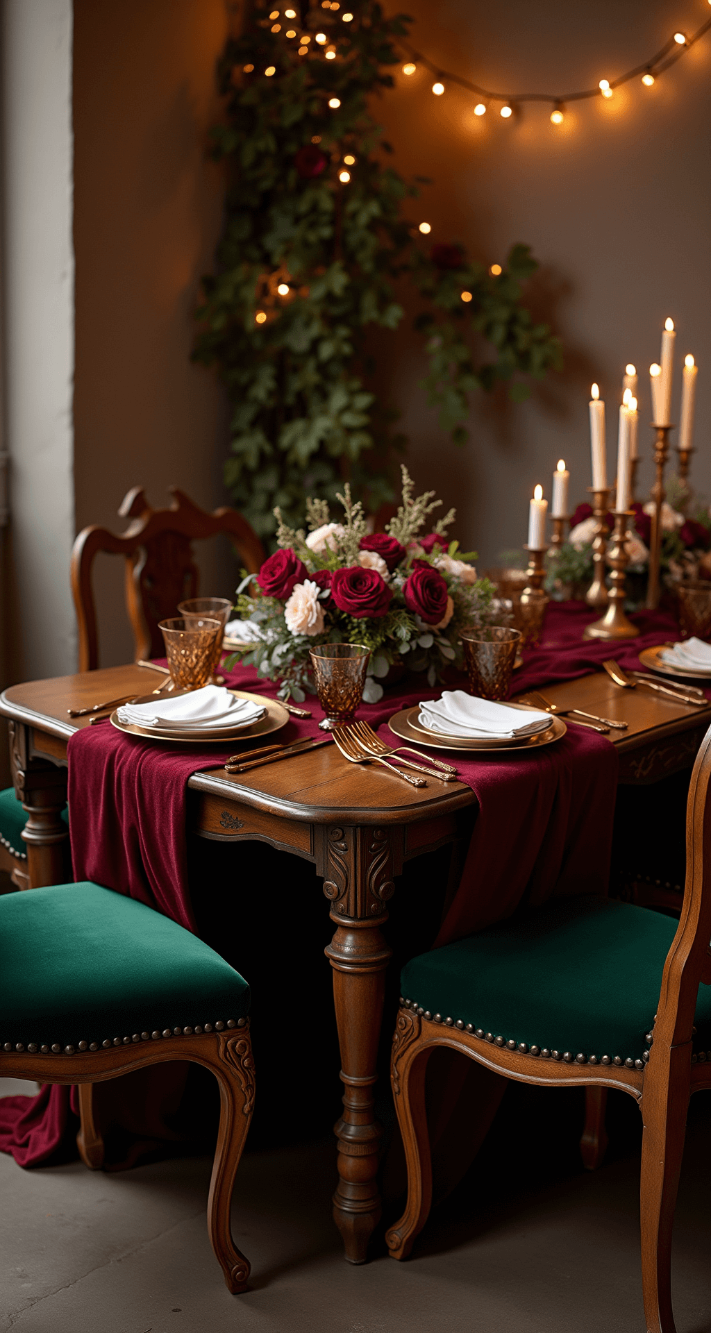 Moody Fall Wedding: A Dramatic and Romantic Styling Guide for the Perfect Autumn Celebration Intimate dining setup for two featuring a vintage wooden table with a burgundy velvet runner, ornate chairs with emerald cushions, and a low floral arrangement of dahlias and roses, illuminated by candlelight and string lights, highlighting rich textures and metallic accents.