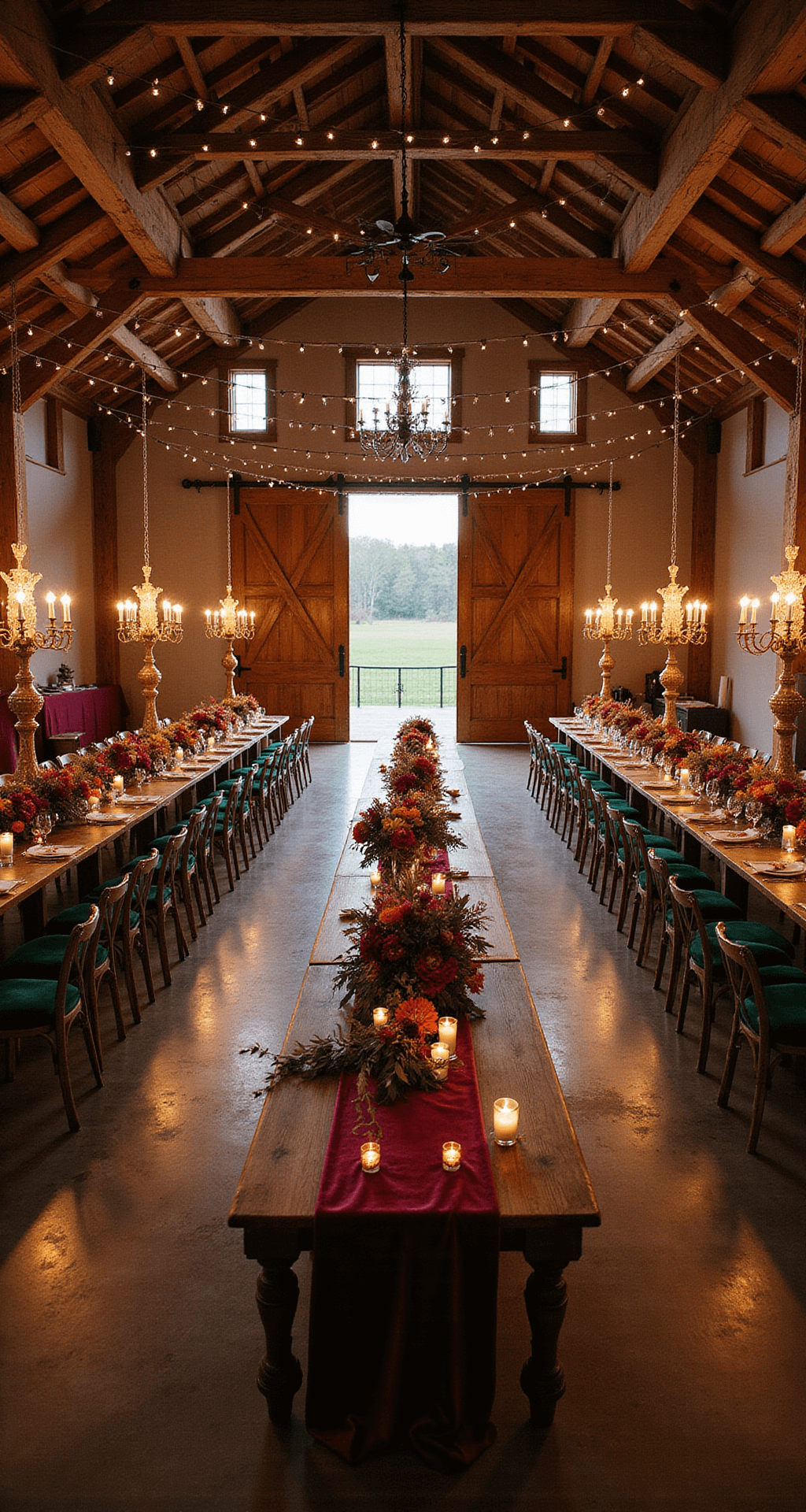 Moody Fall Wedding: A Dramatic and Romantic Styling Guide for the Perfect Autumn Celebration A wide-angle view of a transformed barn wedding reception featuring long tables with burgundy velvet runners and cascading centerpieces of deep jewel-toned flowers. String lights and Edison bulbs form a warm canopy above, while tall candelabras add vertical drama. Vintage wooden chairs with alternating emerald and plum velvet cushions surround the tables. Exposed beams contrast elegantly with textile layers, and golden hour light filters in, enhancing the romantic atmosphere of the rich color palette in burgundy, forest green, and gold.