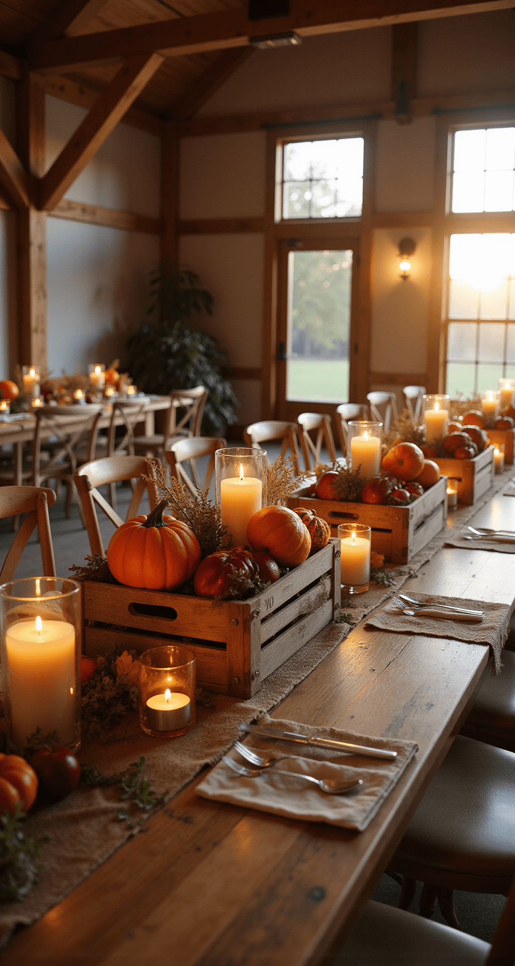Rustic Fall Wedding Centerpieces: Creating Magical Autumn Table Displays Photorealistic rustic wedding reception tablescape with wooden crates of orange pumpkins, burgundy gourds, and red apples on a natural wood table, surrounded by cross-back chairs. Warm candlelight from pillar candles casts golden light across burlap runners in a barn venue with exposed wooden beams, bathed in late afternoon golden hour light.