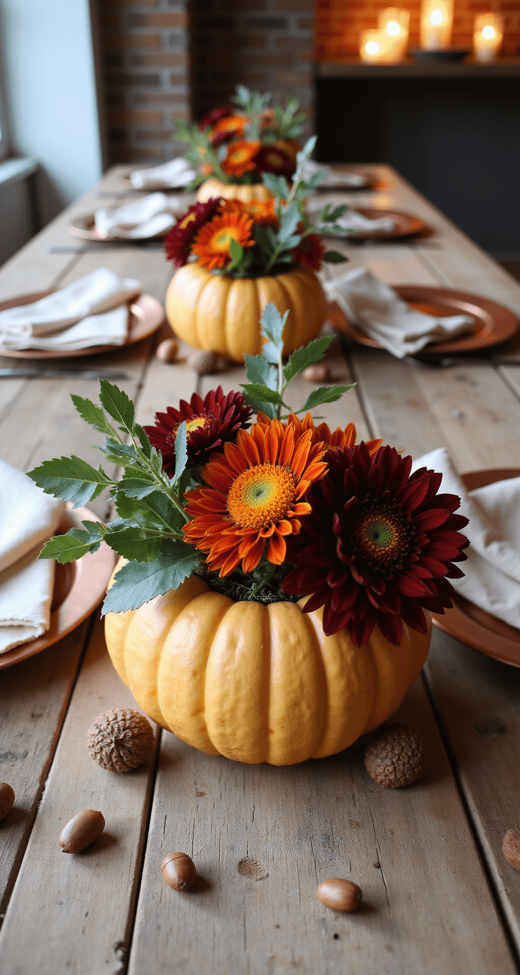 Rustic Fall Wedding Centerpieces: Creating Magical Autumn Table Displays Close-up of hollowed miniature pumpkins as vases filled with burgundy dahlias, orange marigolds, and eucalyptus, set on a weathered wood table with acorns and pine cones. Soft natural lighting casts gentle shadows, with rustic linen napkins and copper charger plates visible. The scene conveys a cozy indoor reception atmosphere with flickering candlelight in the background.
