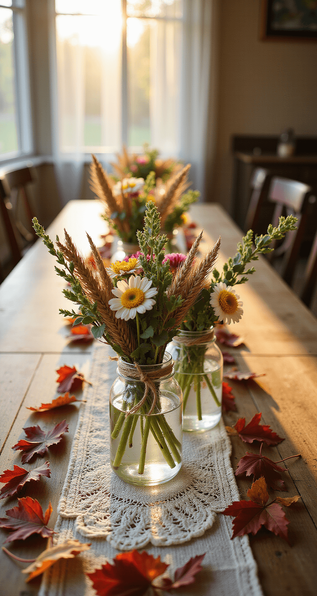 Rustic Fall Wedding Centerpieces: Creating Magical Autumn Table Displays Elegant mason jar centerpieces filled with wildflowers, dried wheat, and eucalyptus, arranged on a vintage lace runner over a reclaimed wood table, with autumn leaves scattered around. Soft golden sunlight filters through sheer curtains, creating a romantic atmosphere in a garden wedding setting.