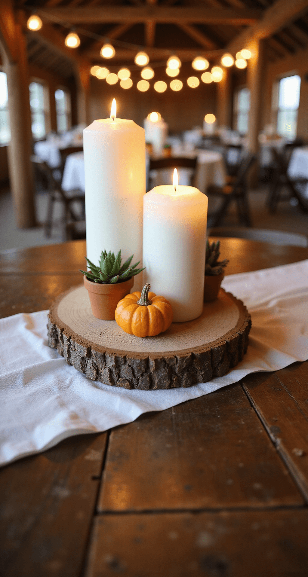 Rustic Fall Wedding Centerpieces: Creating Magical Autumn Table Displays Rustic wooden log slice centerpiece with white pillar candles, small succulents in terracotta pots, and mini pumpkins, set on soft ivory linens over a dark wood table, illuminated by warm candlelight and string lights, evoking a cozy barn venue atmosphere.
