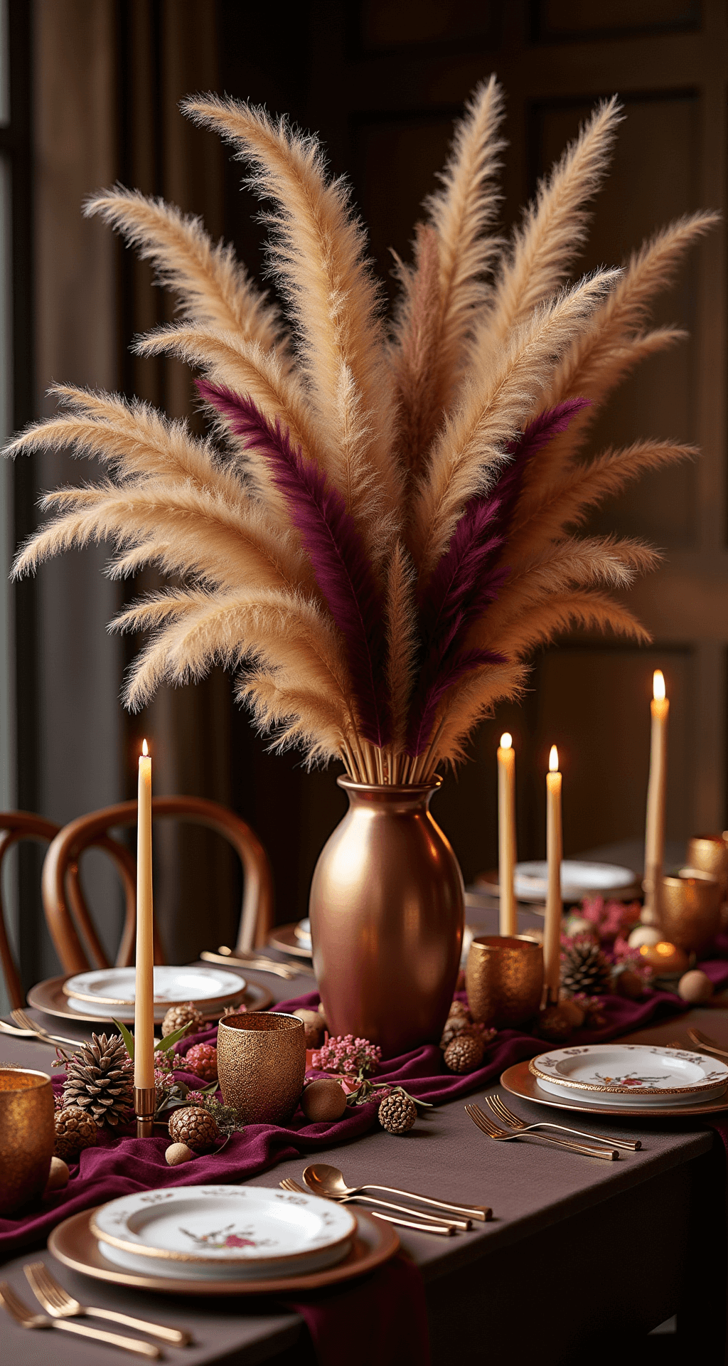 Rustic Fall Wedding Centerpieces: Creating Magical Autumn Table Displays A sophisticated centerpiece featuring dramatic pampas grass plumes in tall copper vessels, surrounded by gold mercury glass votives. The deep plum and burgundy color palette is complemented by a velvet table runner, with natural foraged elements like pine cones, acorns, and autumn leaves scattered around. The scene captures rich textures and moody evening lighting with warm amber tones, showcasing height variation and textural contrasts in an intimate indoor venue.