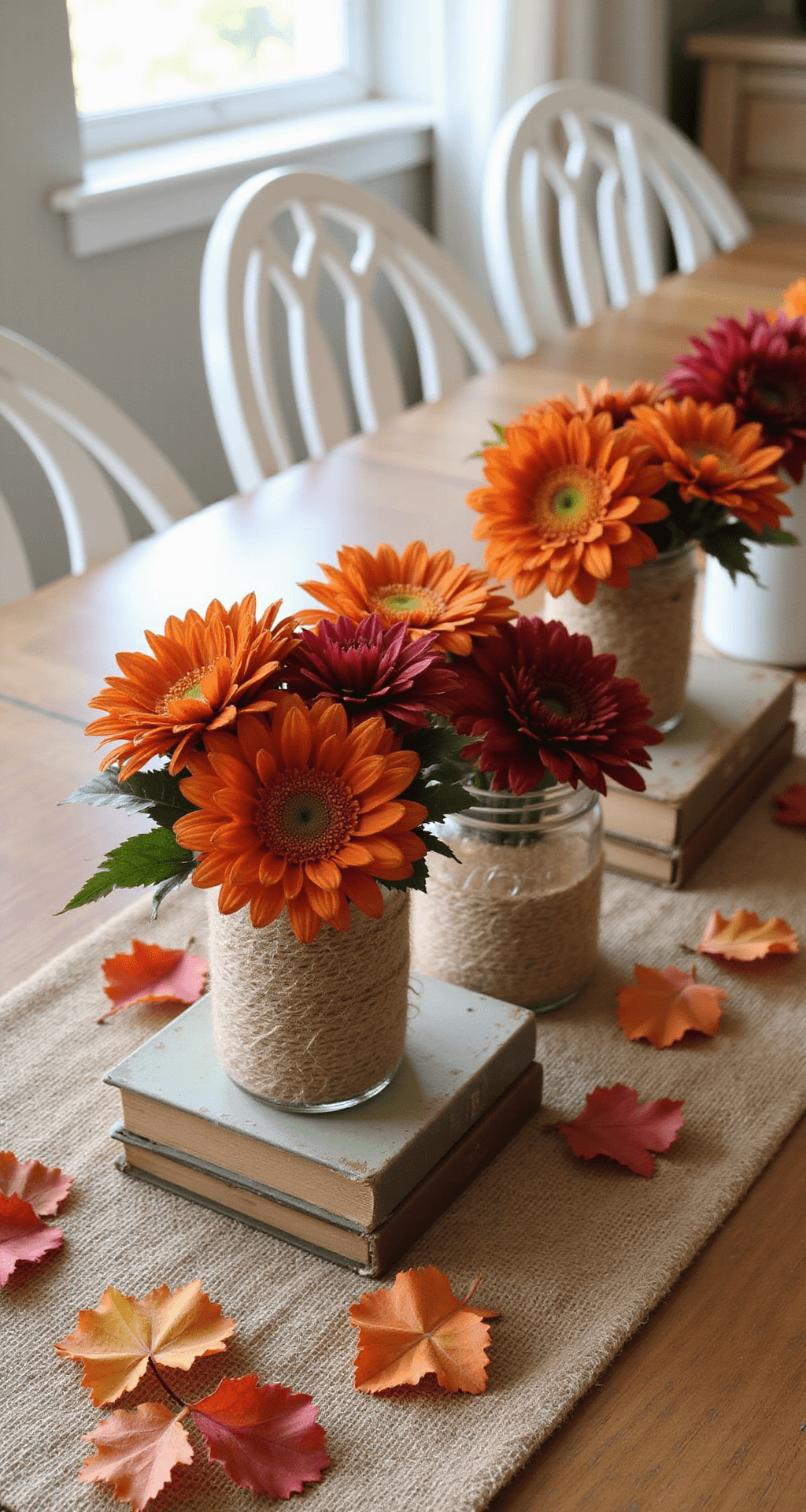 Rustic Fall Wedding Centerpieces: Creating Magical Autumn Table Displays Budget-friendly mason jar arrangement with artificial autumn flowers in burnt orange and deep red, twine-wrapped jars on a burlap table runner with scattered autumn leaves, thrift store vintage books acting as risers, natural afternoon lighting, simple white chairs, and a natural wood table, creating a cozy reception atmosphere with warm golden lighting.