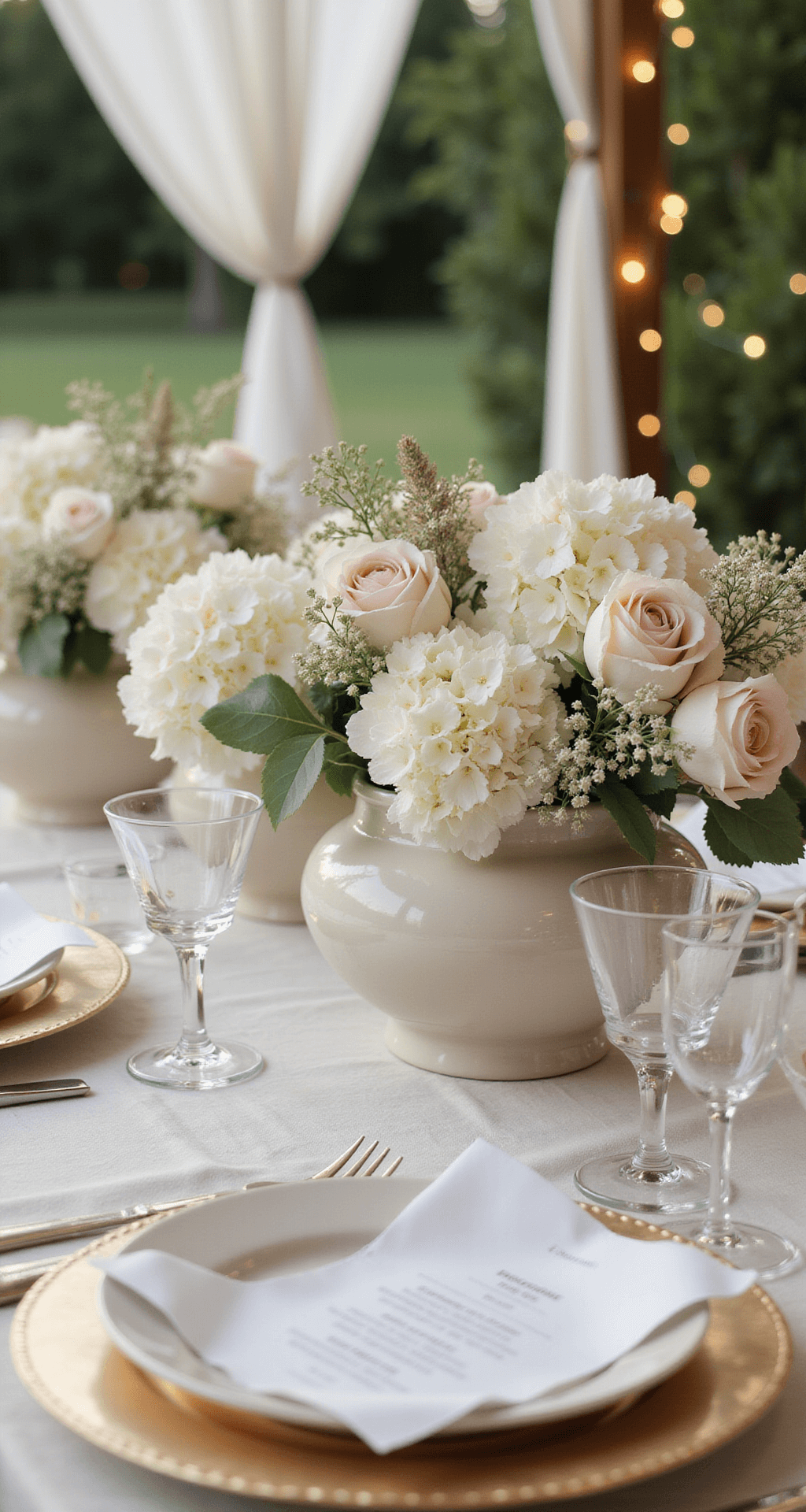 Rustic Fall Wedding Centerpieces: Creating Magical Autumn Table Displays A soft romantic centerpiece with white hydrangeas and blush pink roses in cream ceramic vessels, set on an ivory linen tablecloth with gold charger plates and crystal glassware, accompanied by delicate baby's breath and eucalyptus. The late afternoon light casts soft shadows, highlighting an elegant place setting against a garden backdrop of draped fabric and twinkling lights.