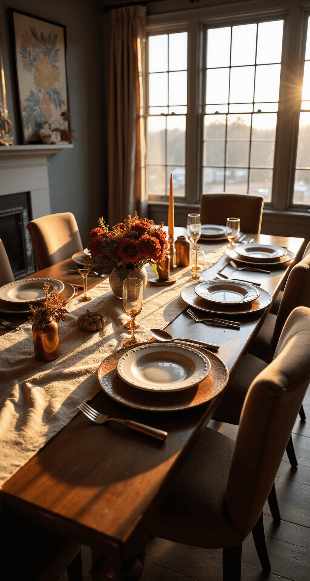 Creating a Fall Harvest Tablescape: Bringing Autumn's Warmth to Your Dining Table Cinematic wide-angle shot of an elegant dining room with a deep burgundy and soft blush autumn tablescape, featuring a rustic linen runner, mixed metallic accents, and a rich mahogany dining table surrounded by warm taupe upholstered chairs, all bathed in golden hour light from tall windows.