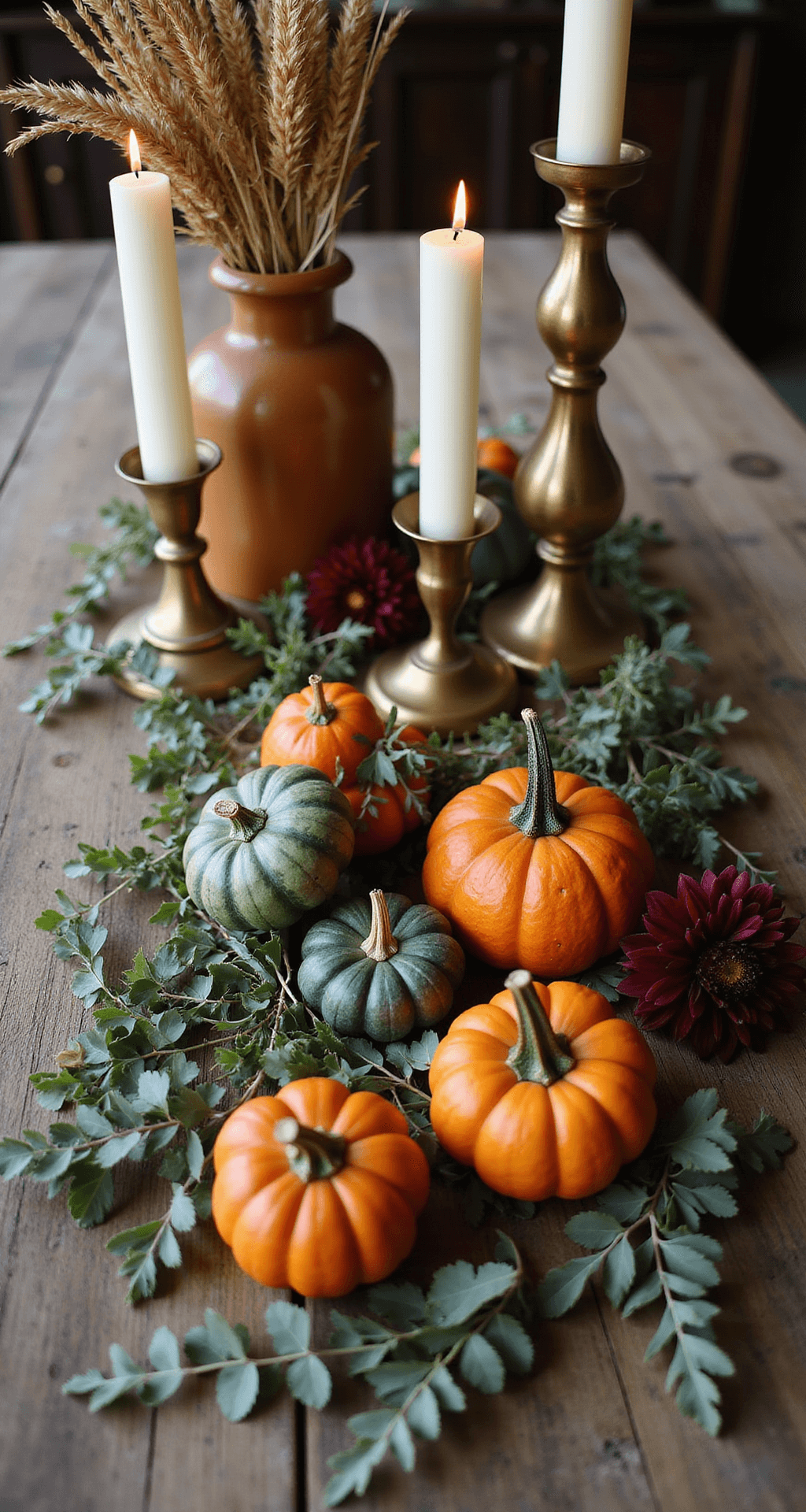 Creating a Fall Harvest Tablescape: Bringing Autumn's Warmth to Your Dining Table Low-angle shot of an organic fall centerpiece featuring mismatched vintage brass candleholders, heirloom pumpkins in deep orange and sage green, trailing eucalyptus and wild grasses, and ceramic vases with dried wheat and burgundy dahlias, all beautifully arranged on a weathered wood table.