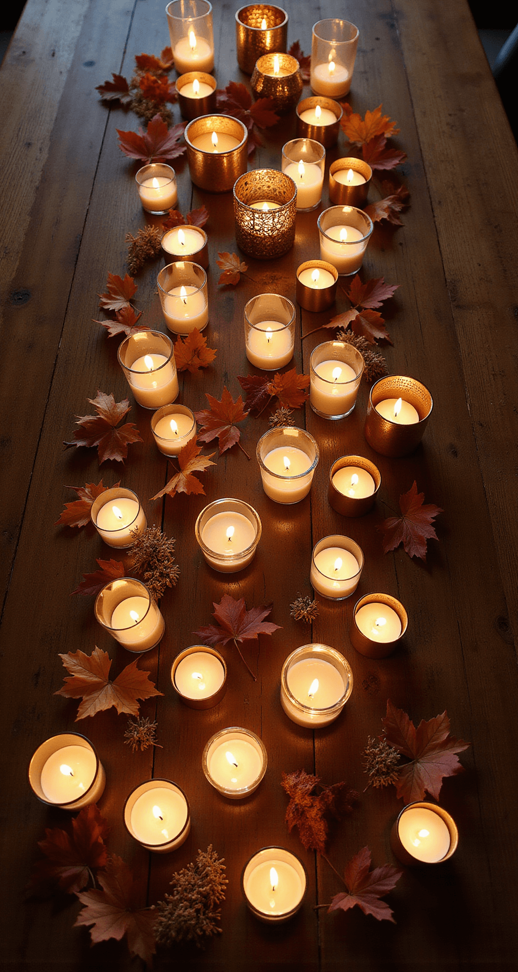 Creating a Fall Harvest Tablescape: Bringing Autumn's Warmth to Your Dining Table Overhead view of a romantic autumn-themed table setting featuring mercury glass votives, flickering tea lights in brass and glass containers, pillar candles in cream and taupe, and copper accents, all illuminated by soft evening light on a dark walnut surface.