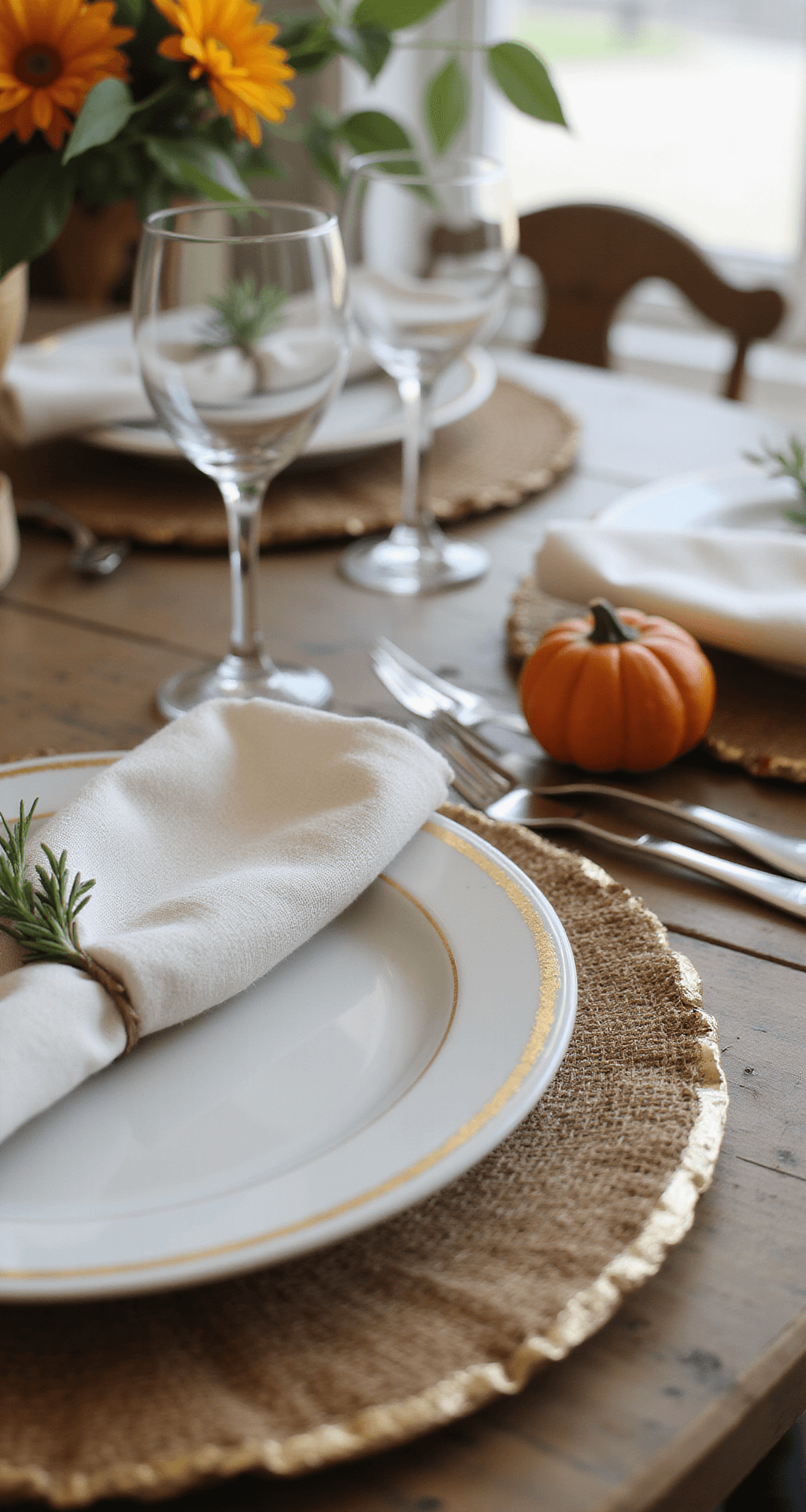 Creating a Fall Harvest Tablescape: Bringing Autumn's Warmth to Your Dining Table Macro shot of an autumn place setting featuring a burlap charger, fine porcelain dinner plate, vintage glassware, and a linen napkin with a rosemary sprig, alongside a mini pumpkin place card holder and antique silver flatware, all bathed in soft natural light.