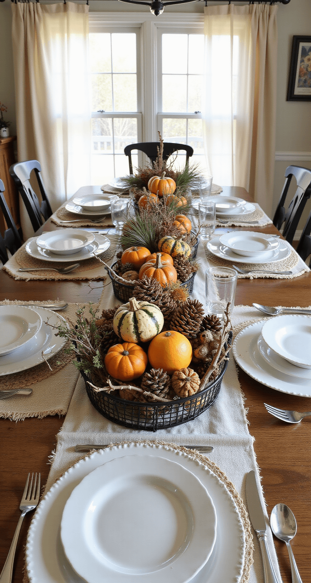 Creating a Fall Harvest Tablescape: Bringing Autumn's Warmth to Your Dining Table Wide shot of a budget-friendly harvest tablescape with a wire basket centerpiece filled with pinecones, fallen branches, and dried flowers, surrounded by farmer's market gourds on a neutral linen runner, complemented by mix-and-match vintage dishes and glassware, all bathed in warm morning light.