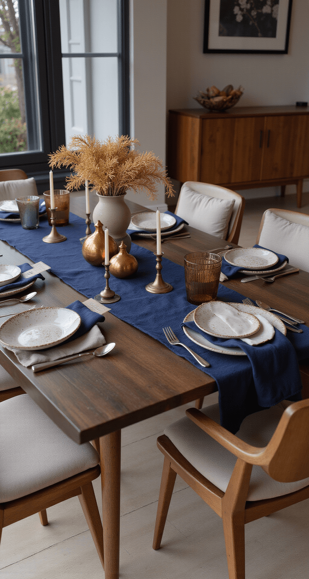 Creating a Fall Harvest Tablescape: Bringing Autumn's Warmth to Your Dining Table Medium shot of a contemporary dining setup featuring a navy blue table runner, copper candlesticks, and warm neutral ceramic dishes. Deep plum dahlias and golden wheat add elegance, while brass accents enhance the sophisticated color story. Modern dining chairs surround a rich espresso finish table, with balanced lighting showcasing a harmonious blend of autumn colors.