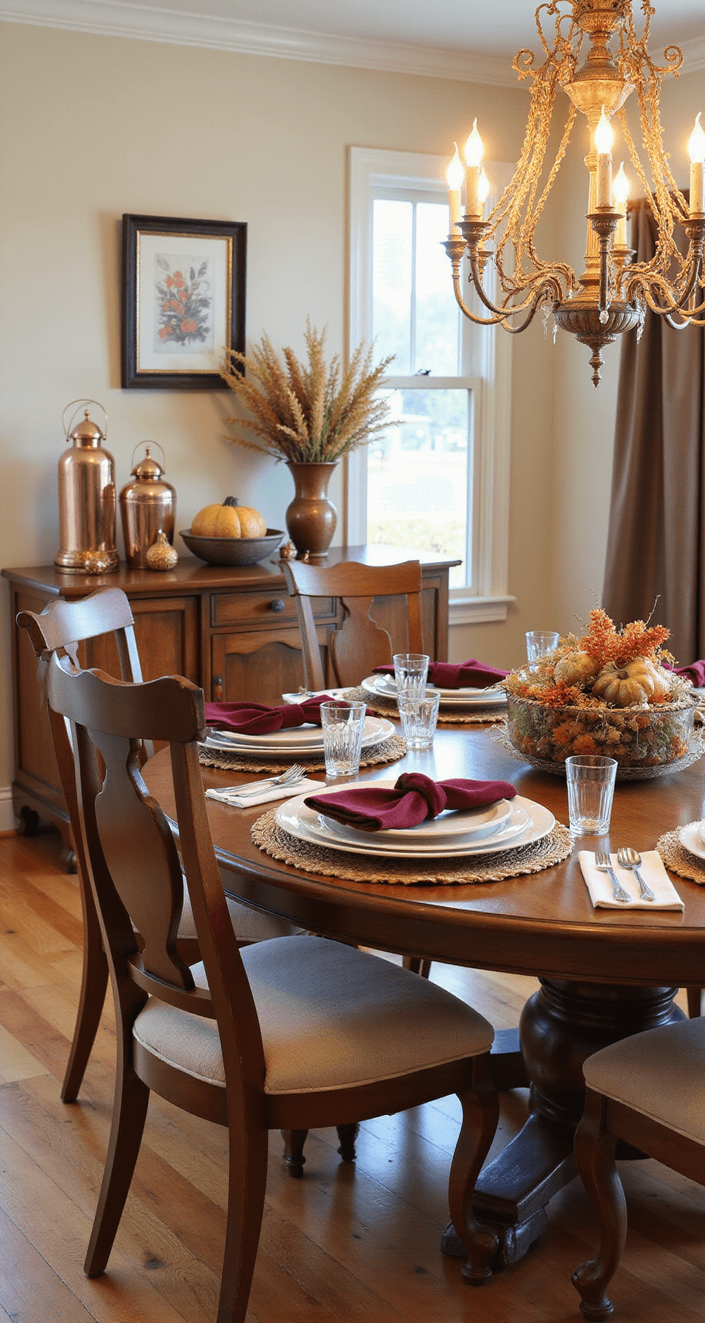 Creating a Fall Harvest Tablescape: Bringing Autumn's Warmth to Your Dining Table Cozy autumn dining room transformation featuring a harvest tablescape, burgundy velvet throw pillows, copper lanterns, and dried corn stalks, with warm wood floors and cream walls, illuminated by golden hour lighting.