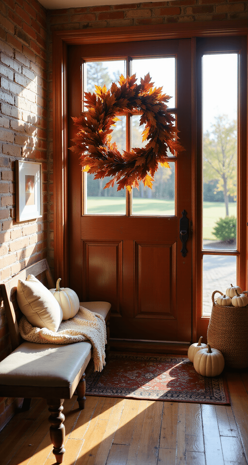 Creating a Stunning Fall Entryway: Your Ultimate Guide to Seasonal Charm Wide-angle view of a fall entryway featuring a mahogany front door with an oversized autumn wreath, distressed wooden bench with a cream knit throw, and a woven basket of white ceramic pumpkins, all illuminated by warm golden hour light through sidelights.