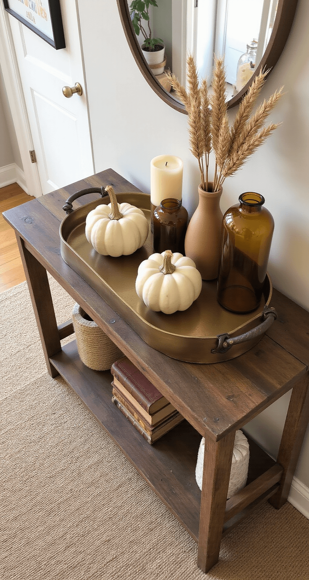 Creating a Stunning Fall Entryway: Your Ultimate Guide to Seasonal Charm Overhead view of a styled fall entryway console featuring a reclaimed wood table topped with an antique brass tray of mini white pumpkins, stacked leather-bound books, and amber glass candles, accented by textured ceramic vessels with dried wheat stalks, all on a chunky jute runner beneath an exposed beam ceiling, captured in warm earthy tones and even lighting.
