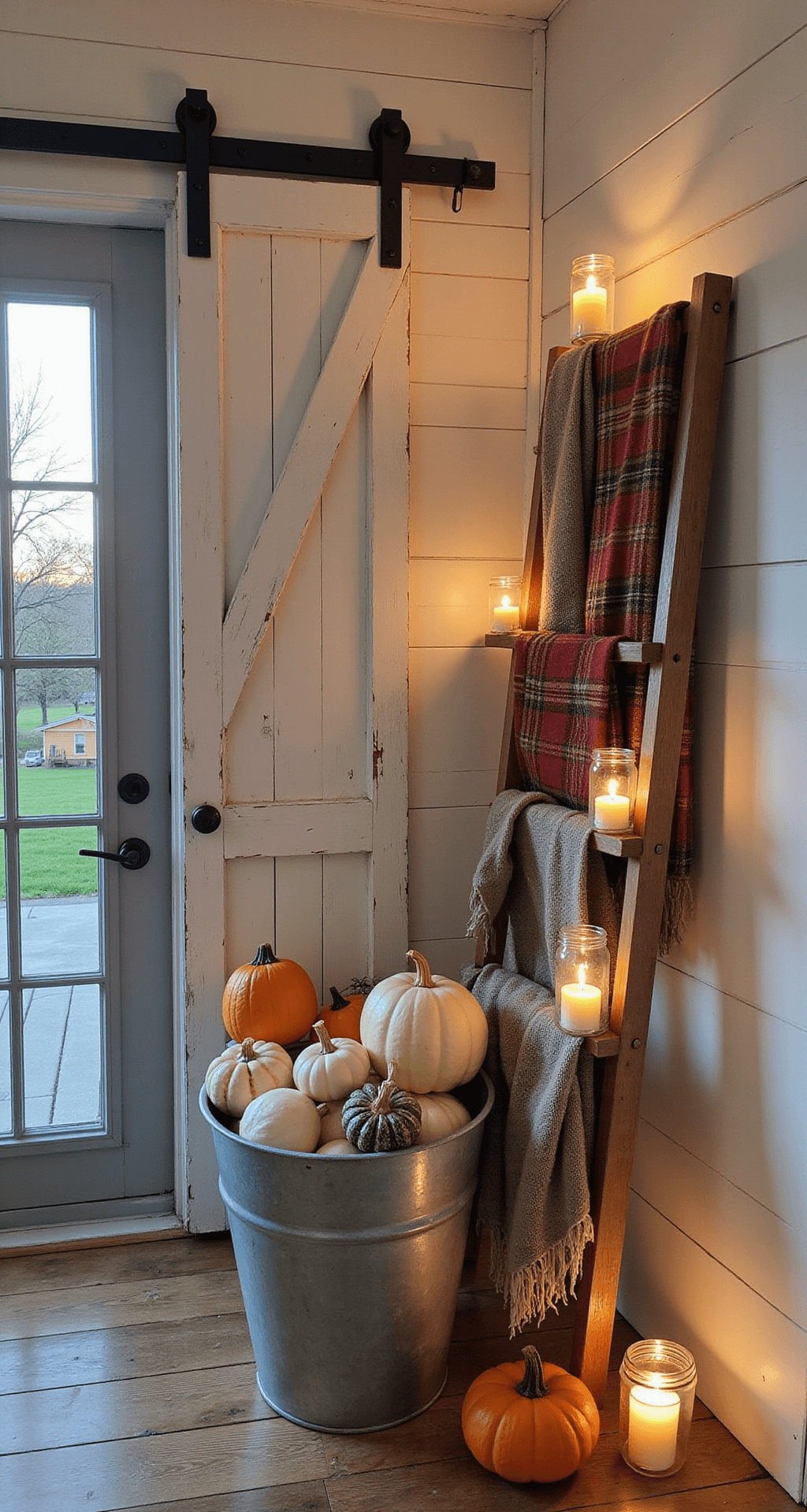 Creating a Stunning Fall Entryway: Your Ultimate Guide to Seasonal Charm Cozy farmhouse entryway at dusk featuring whitewashed shiplap walls, a weathered barn door, a galvanized bucket overflowing with mixed pumpkins, a vintage wooden ladder displaying plaid scarves and burlap ribbon, and mason jar lanterns casting warm ambient light on distressed pine plank floors.
