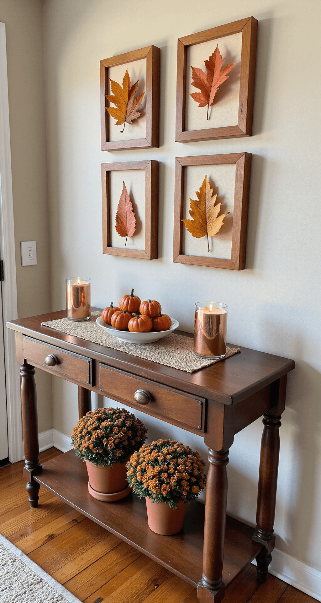 Creating a Stunning Fall Entryway: Your Ultimate Guide to Seasonal Charm A close-up view of a budget-friendly autumn-themed entryway featuring a repurposed console with DIY decor, including pressed leaves in painted frames, glass votives with battery candles, metallic copper mini pumpkins, a woven placemat, and potted mums, all illuminated by bright natural light against a backdrop of beige walls and laminate flooring.