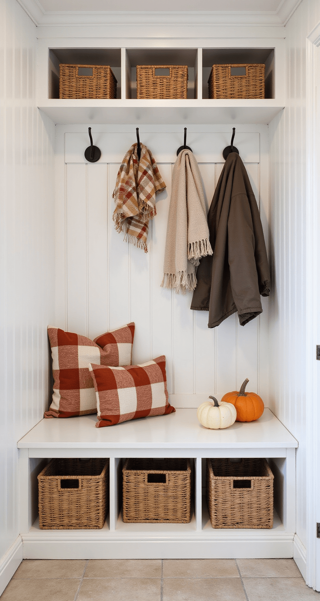 Creating a Stunning Fall Entryway: Your Ultimate Guide to Seasonal Charm A functional mudroom during morning rush hour, featuring built-in cubbies and a bench with rust and cream buffalo check cushions. Wall hooks display scarves and light jackets, while wicker baskets hold seasonal accessories. Small pumpkins and gourds decorate the bench against white painted wood walls and ceramic tile floors, all viewed from a child's eye level with bright overhead lighting.