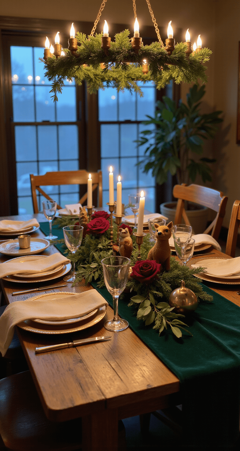 Christmas House Decor 2025: A Blend of Nostalgia and Modern Simplicity Intimate dining room scene at twilight with a rustic wood table set for a holiday feast, featuring an emerald velvet table runner, vintage brass charger plates, and gold-rimmed glassware. A dramatic wreath chandelier illuminates the table, adorned with whimsical woodland animal figurines, eucalyptus garland, and burgundy roses. Cream linen napkins and natural wood chargers enhance the elegant atmosphere, complemented by soft overhead and warm candlelight highlighting the rich jewel tone palette.