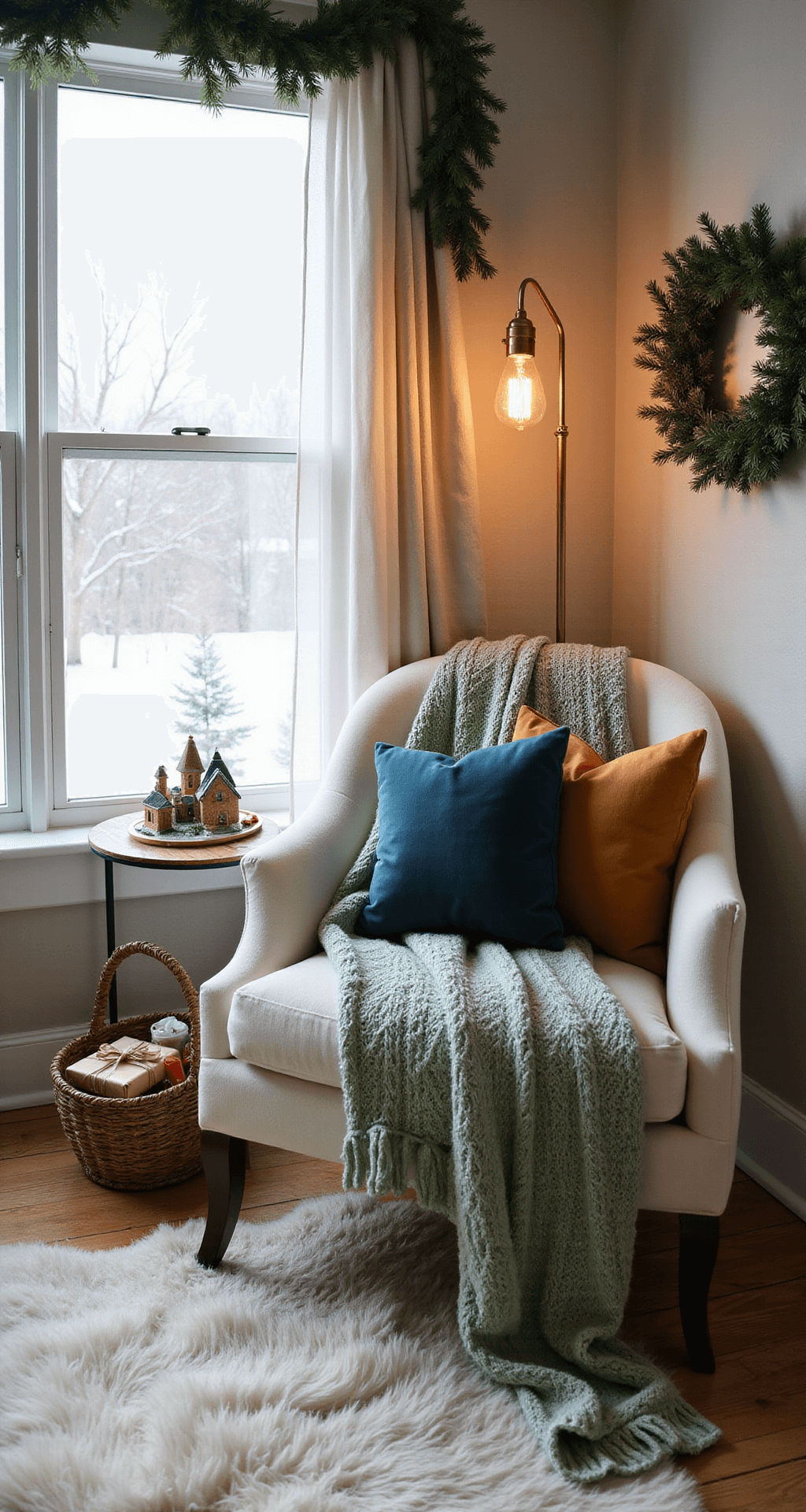 Christmas House Decor 2025: A Blend of Nostalgia and Modern Simplicity A cozy Christmas reading nook featuring an oversized cream armchair with a sage green cable-knit throw, illuminated by a vintage brass floor lamp. A side table displays a handcrafted miniature Christmas village, while a pine garland frames a window showing a snowy landscape. The nook includes a faux sheepskin rug, velvet throw pillows in deep blue and gold, and a woven basket with wrapped gifts. Morning light filters through sheer curtains, creating a peaceful holiday atmosphere.
